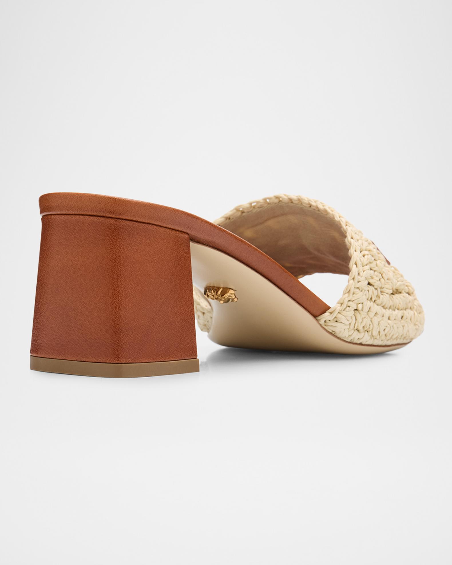 Versace 55mm Logo Tag Leather and Raffia Mule Sandals | Neiman Marcus