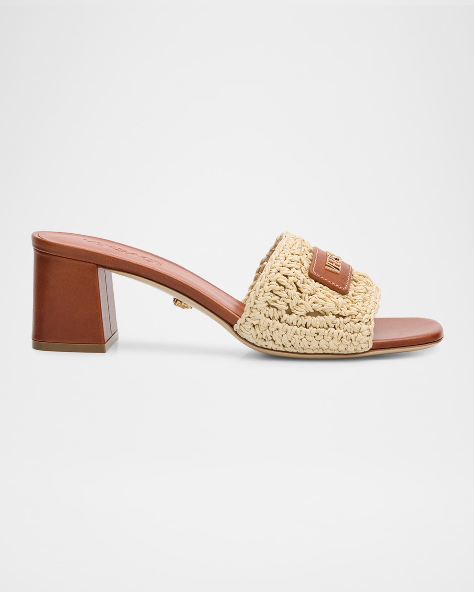 メル15145様 Versace 55mm Logo Tag Leather and Raffia Mule Sandals | Neiman Marcus