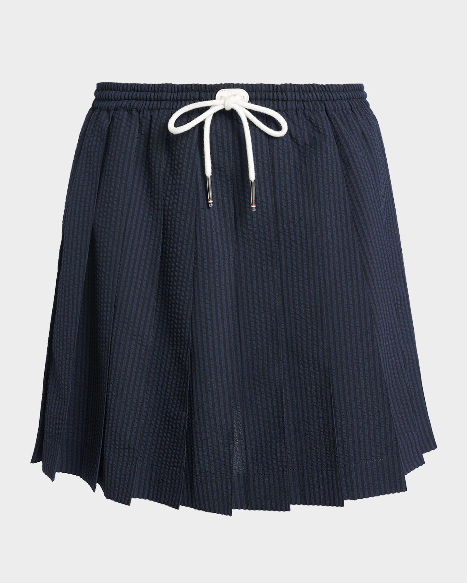 Thom Browne Pleated Seersucker Mini Drawstring Skirt | Neiman Marcus