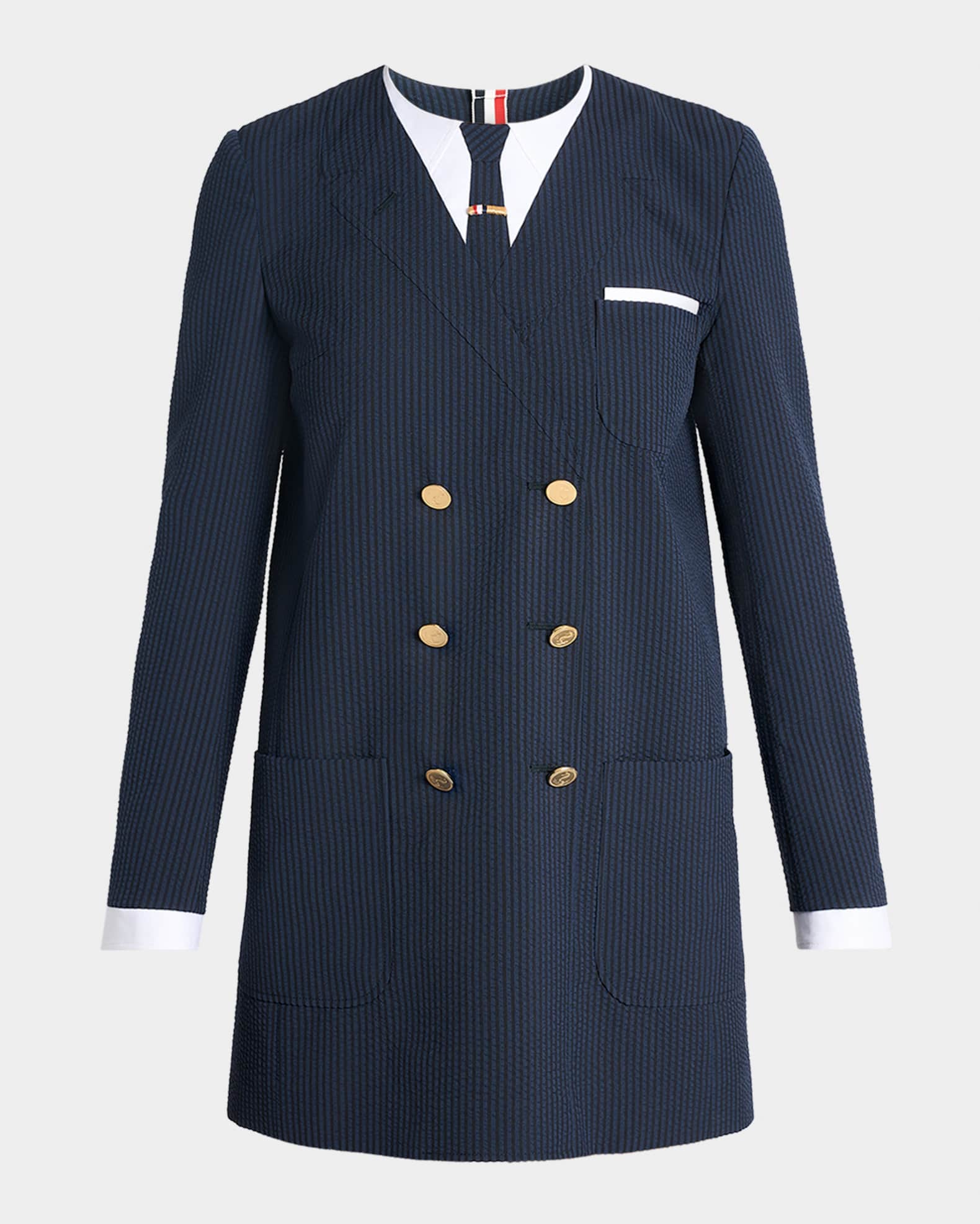 Women's Wool Seersucker Trompe Lil Shift Mini Dress in Navy Size 42