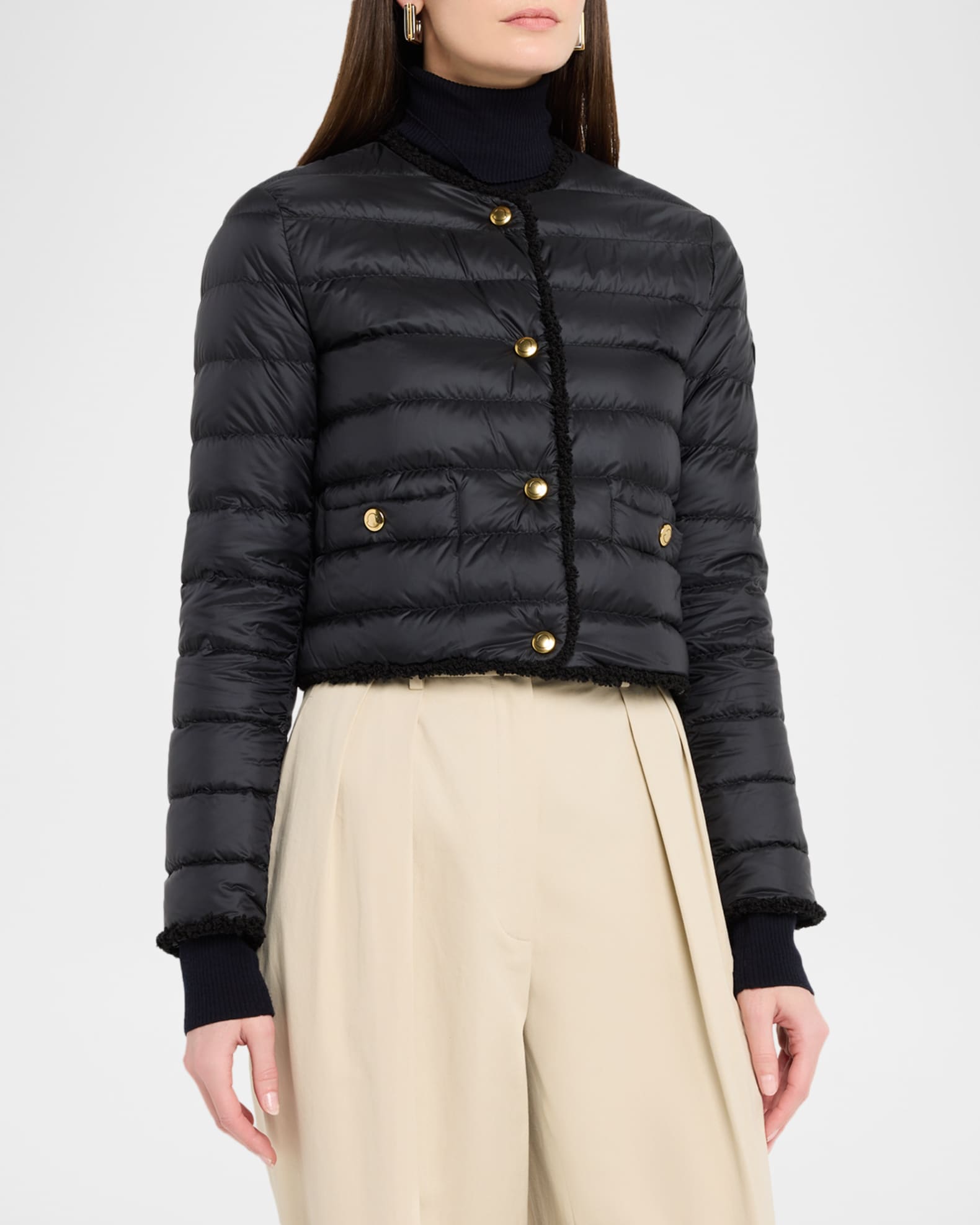 Moncler Fleurs Bouclé-Trim Short Down Jacket | Neiman Marcus