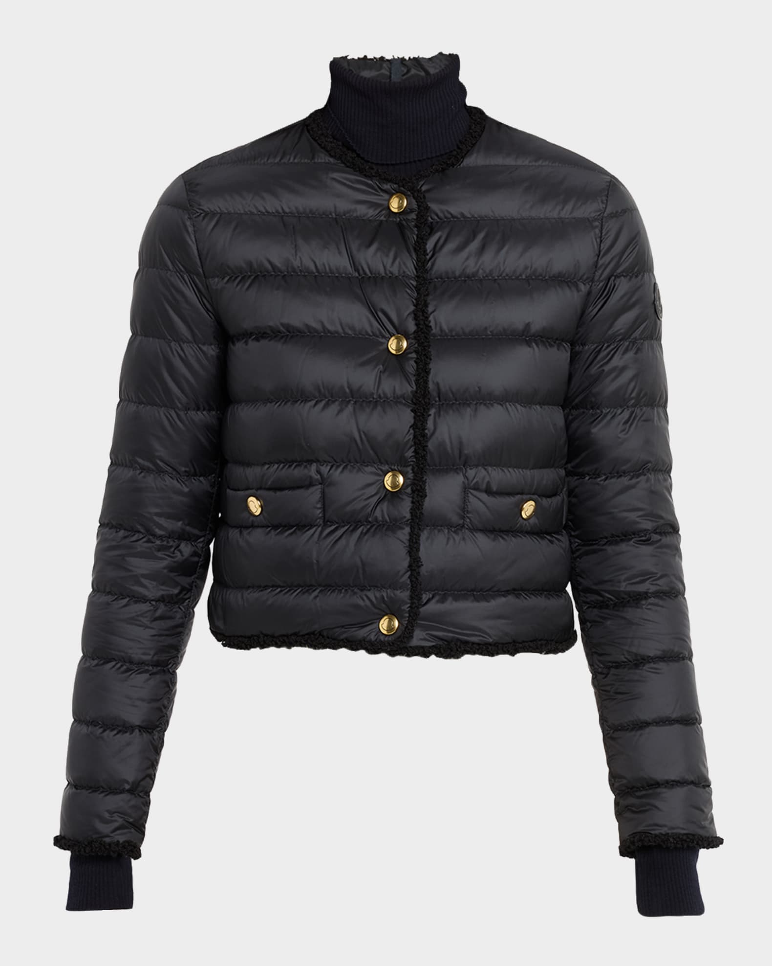 Moncler Fleurs Bouclé-Trim Short Down Jacket | Neiman Marcus
