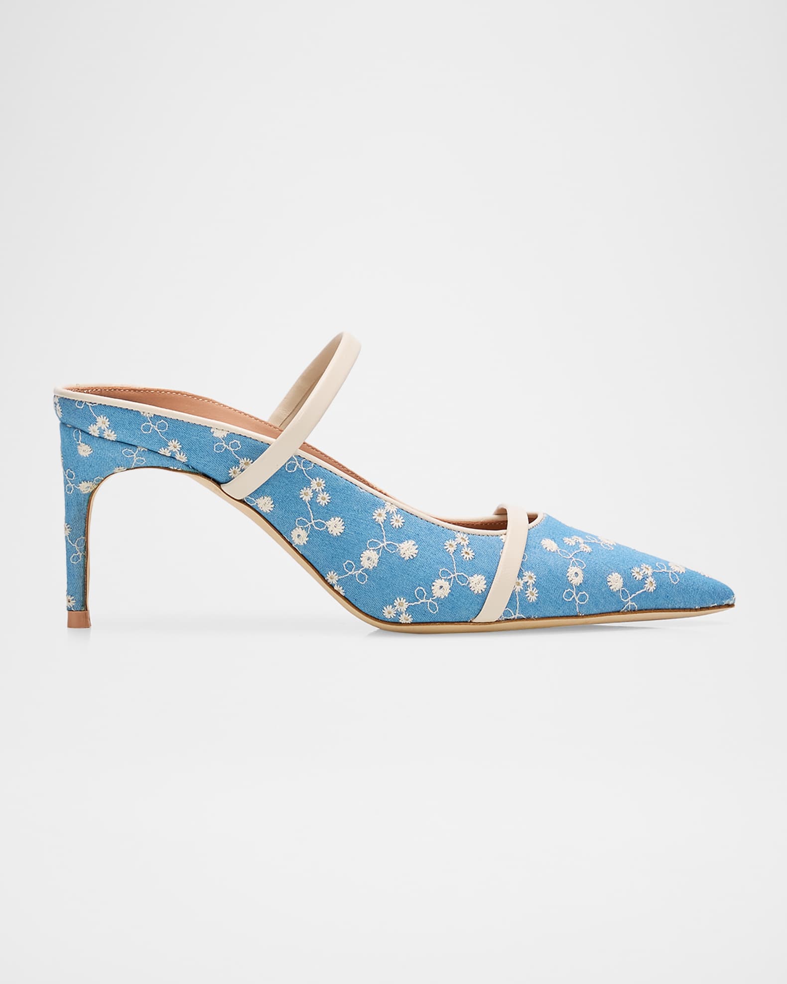 Malone Souliers 70mm Aurora Embroidered Denim Mule Pumps | Neiman