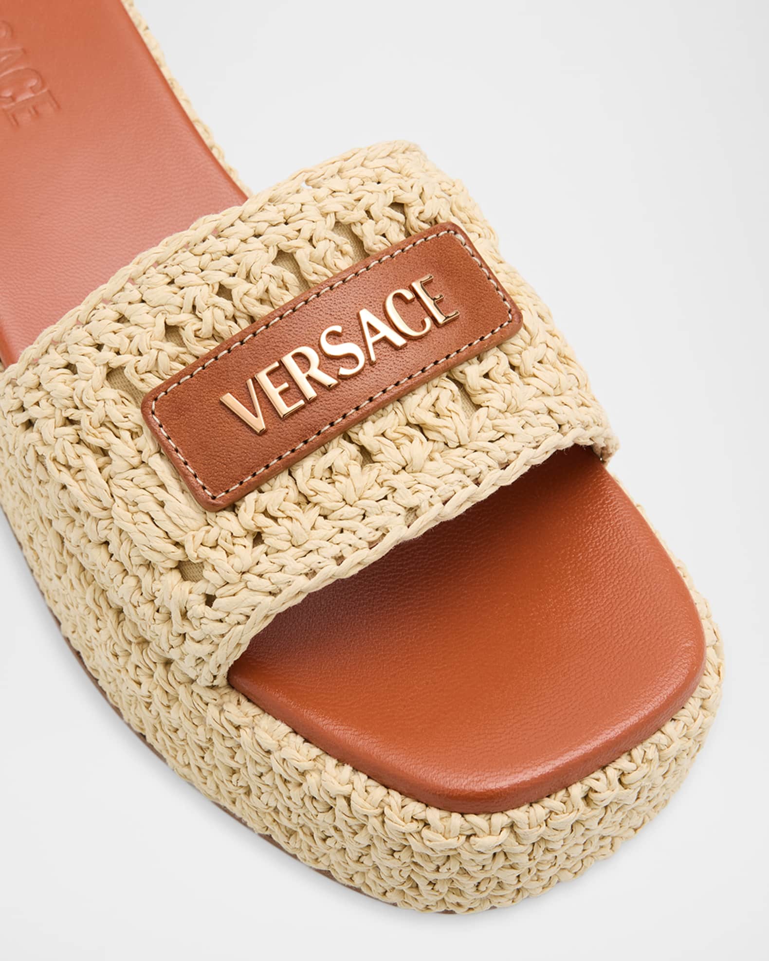 Versace 55mm Logo Tag Raffia Platform Sandals | Neiman Marcus