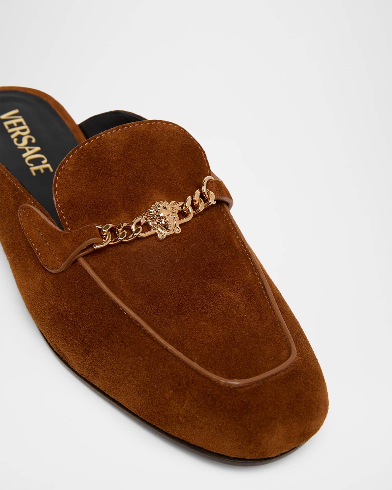 Versace 20mm Medusa Suede Loafer Mules | Neiman Marcus