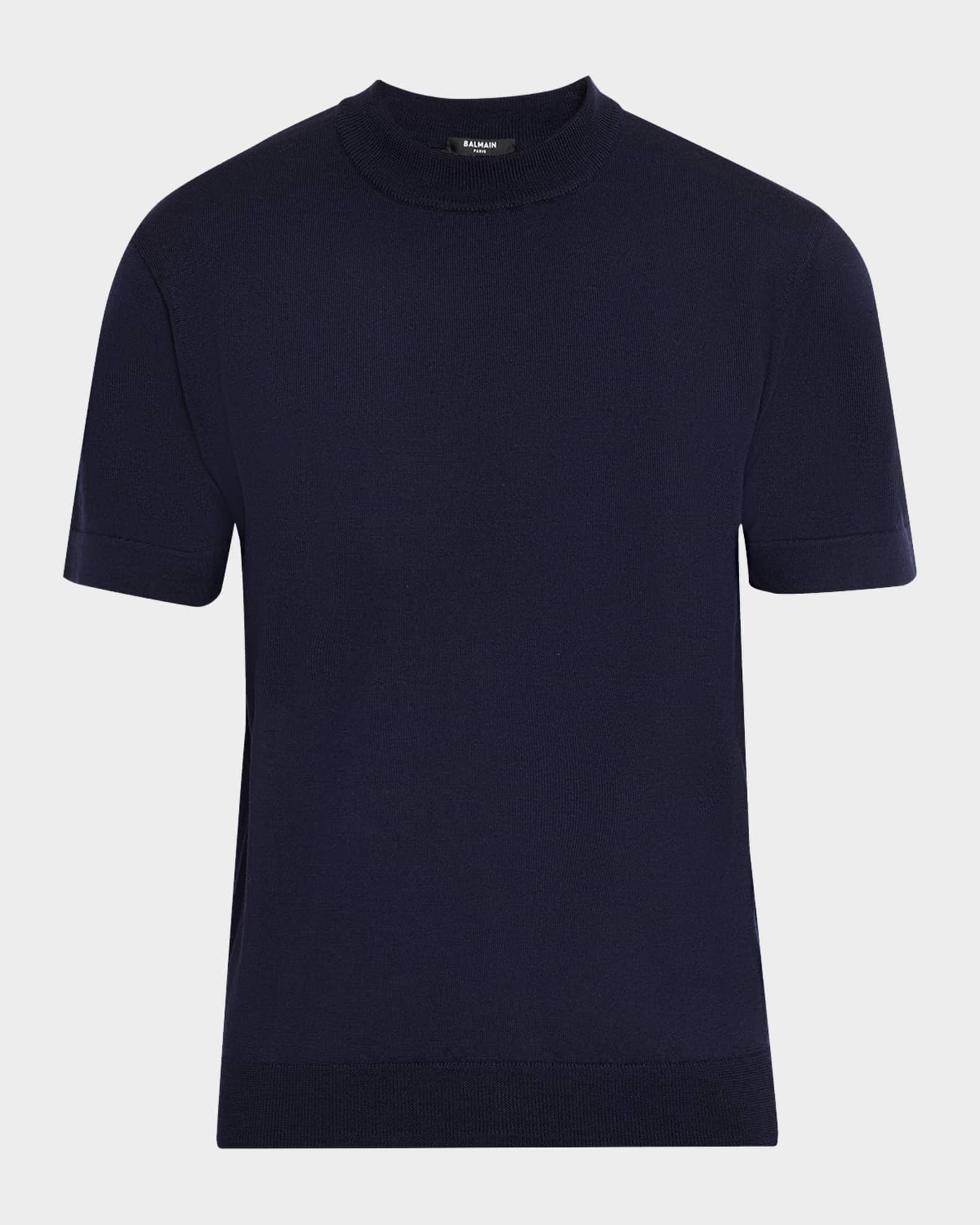 Balmain Men's Embroidered Logo Wool Knit Short-Sleeve Sweater