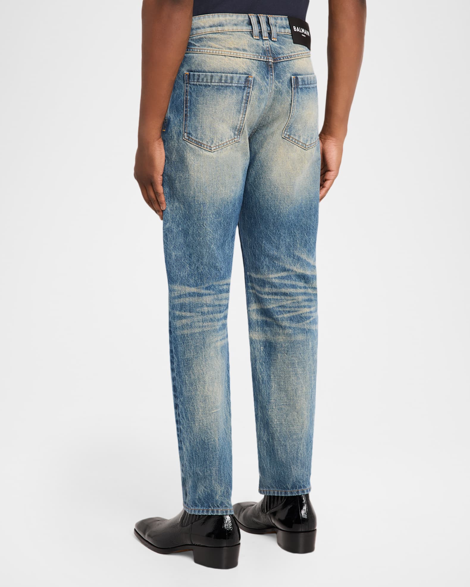Balmain Men's Slim Straight Leg Faded Denim Jeans | Neiman Marcus