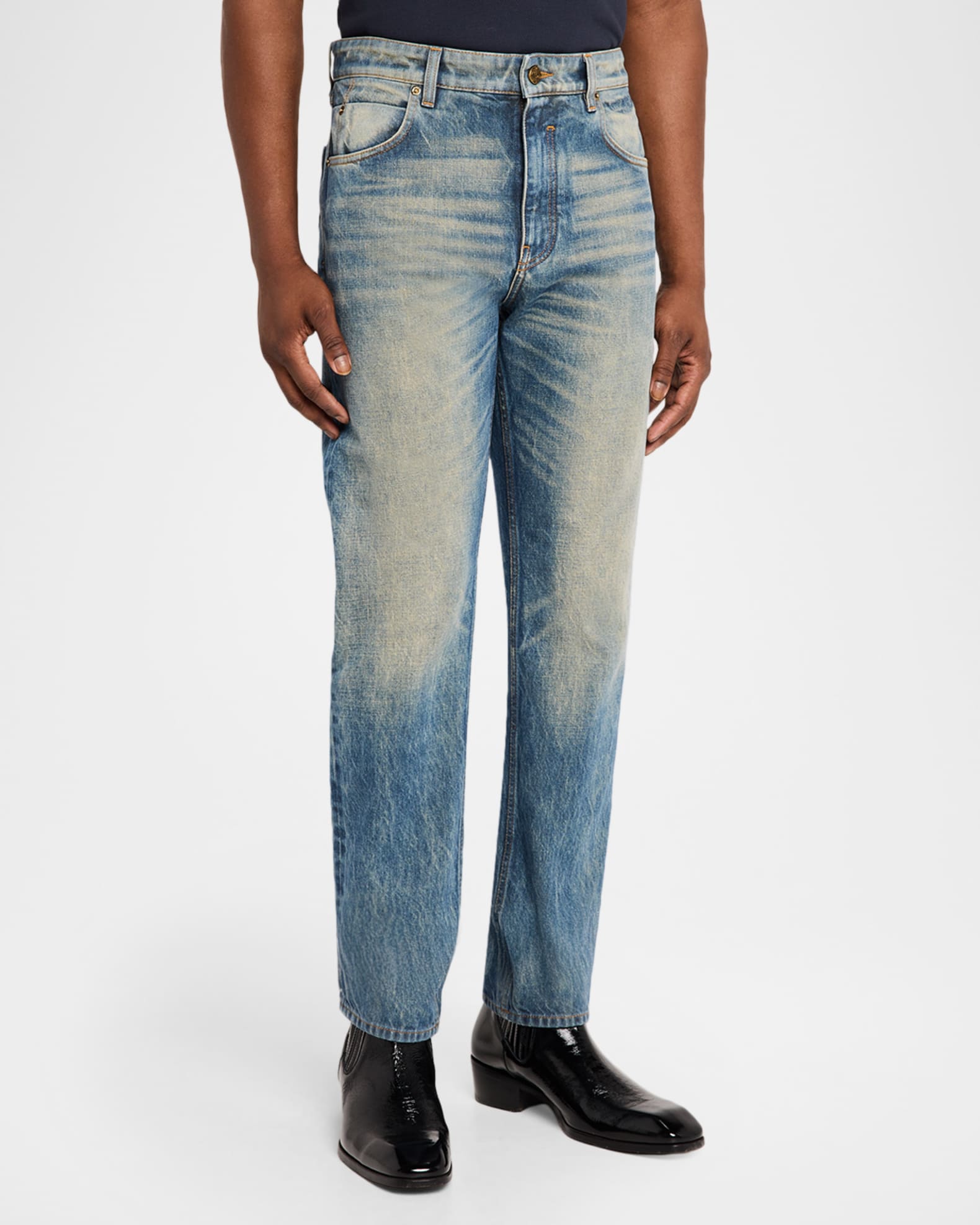 Balmain Men's Slim Straight Leg Faded Denim Jeans | Neiman Marcus