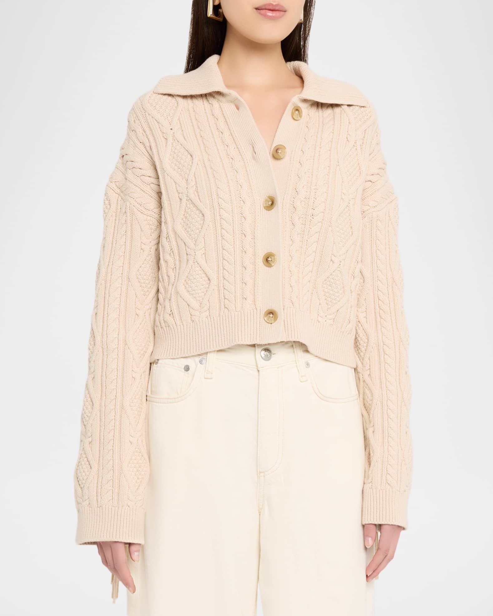 SIMKHAI Virginia Cable-Knit Fringe Cropped Cardigan | Neiman Marcus