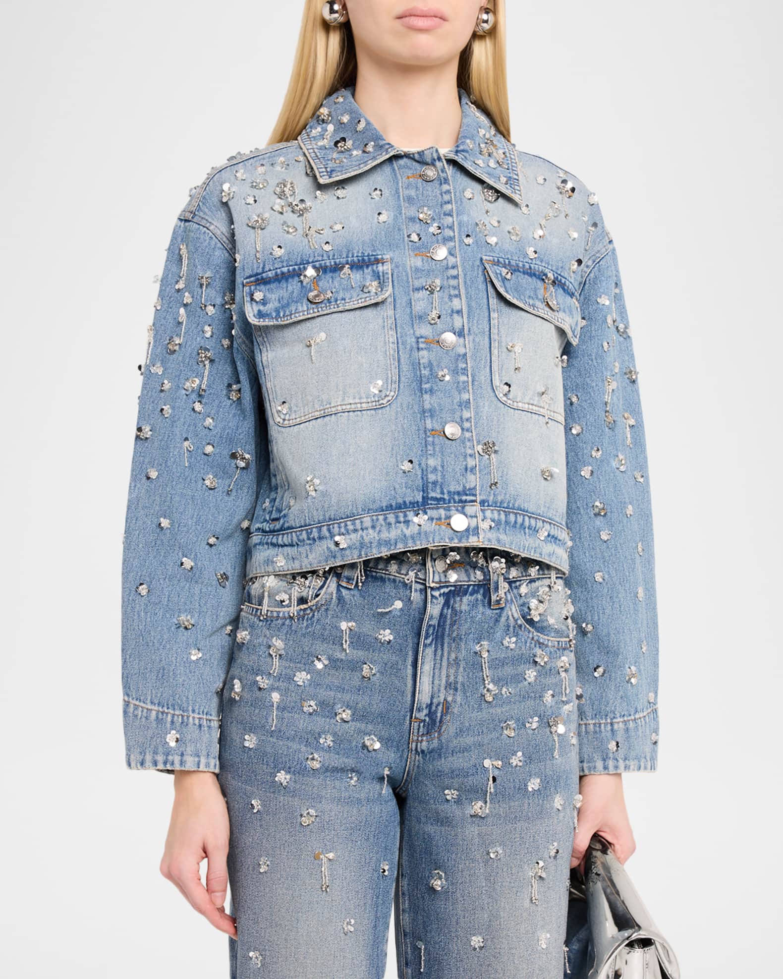 SIMKHAI Everli Embellished Cropped Denim Jacket | Neiman Marcus