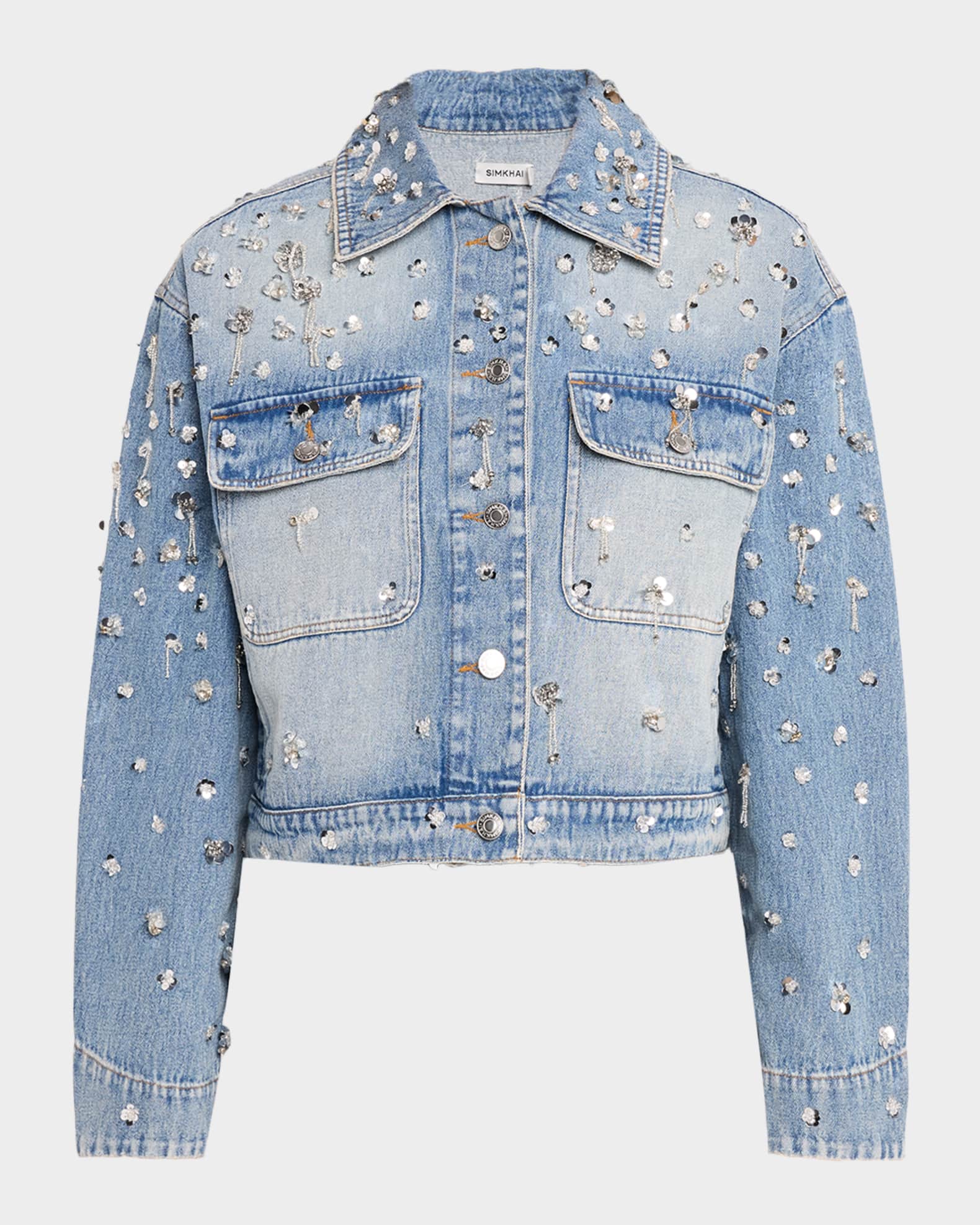 SIMKHAI Everli Embellished Cropped Denim Jacket | Neiman Marcus