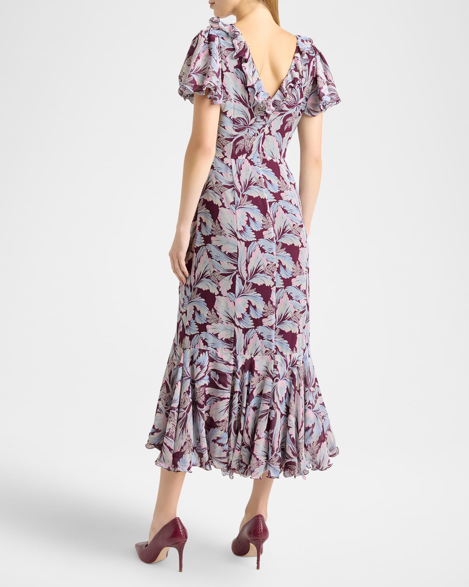 midi dresses with sleeves casual Lavender Eyelet Lace Puff Sleeve Midi Dress S