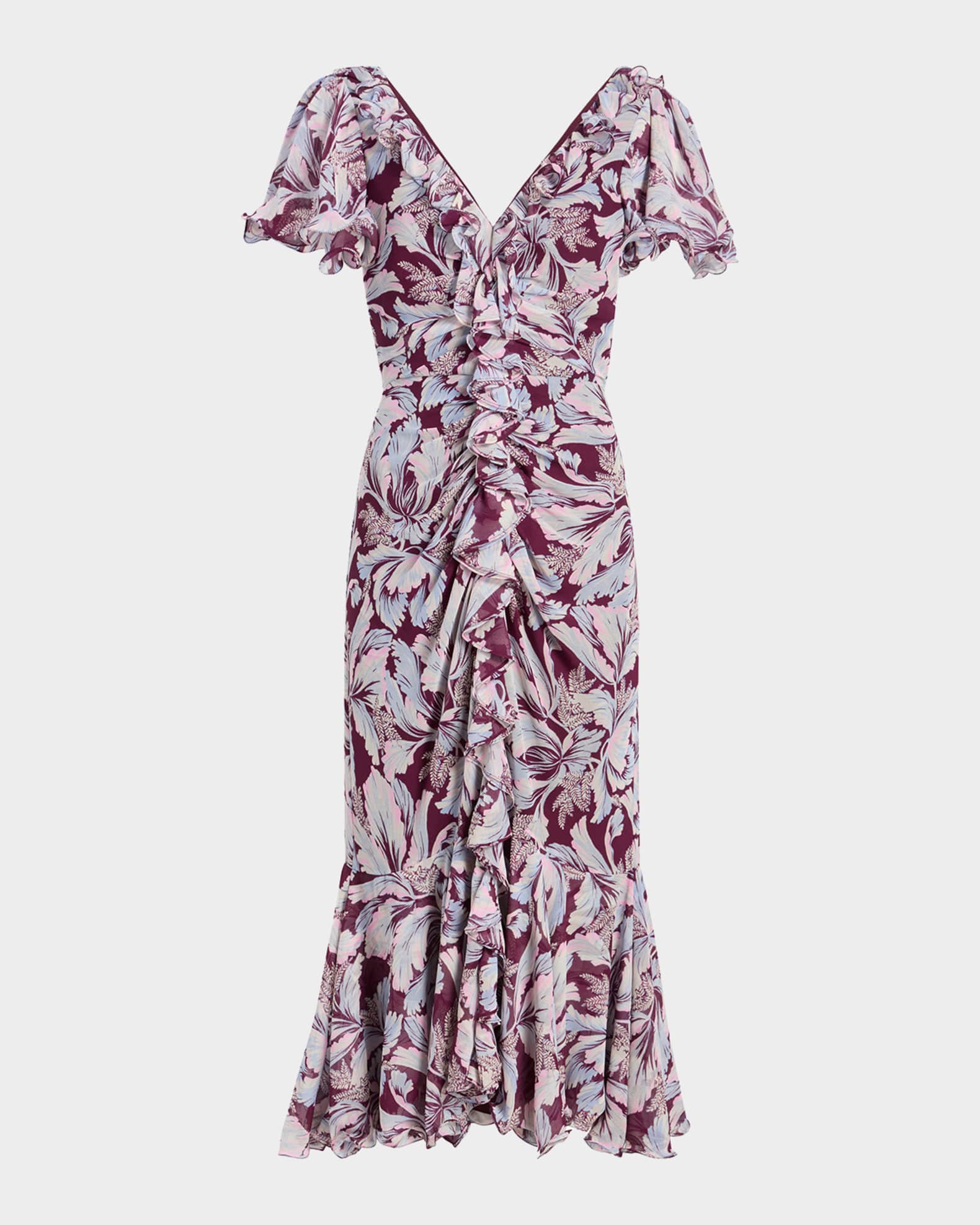 cantara ruffled midi dress Cinq  Sept Clio Tulip-Print Ruffled Midi-Dress - Deep Plum Multi