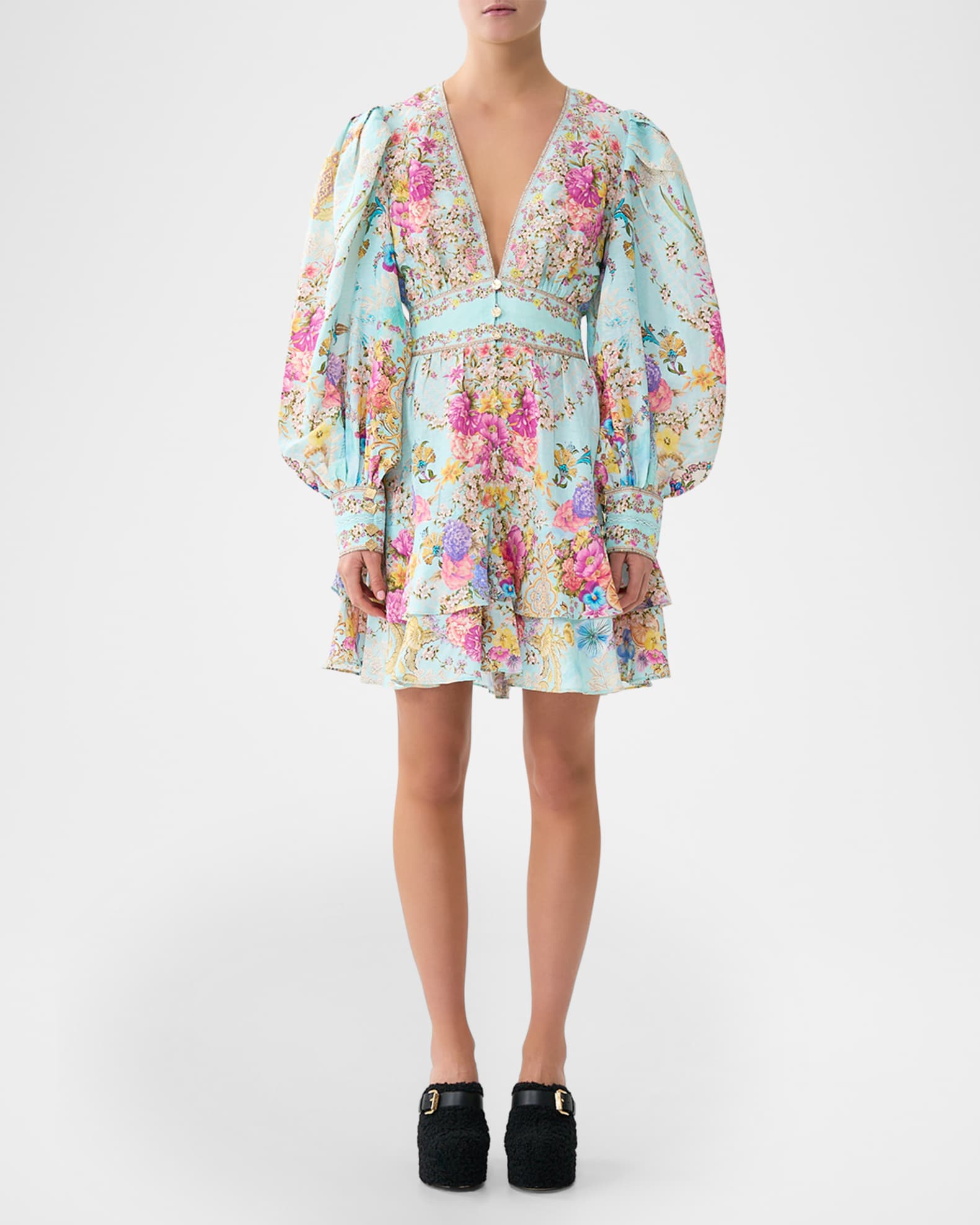 Camilla Bazaar Blooms Button-Front Frill Dress | Neiman Marcus