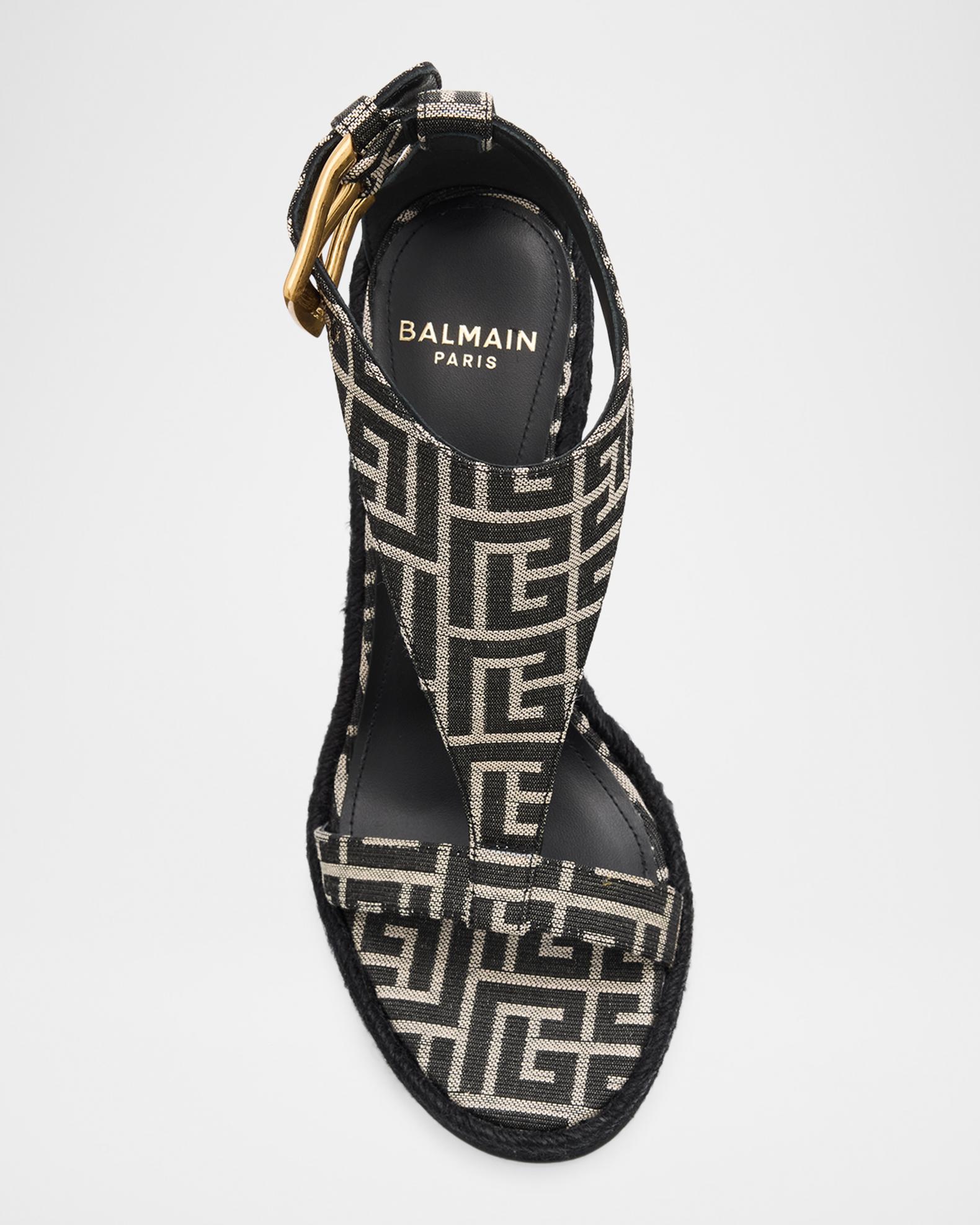 Balmain 85mm Monogram Canvas Espadrille Wedge Sandals | Neiman Marcus