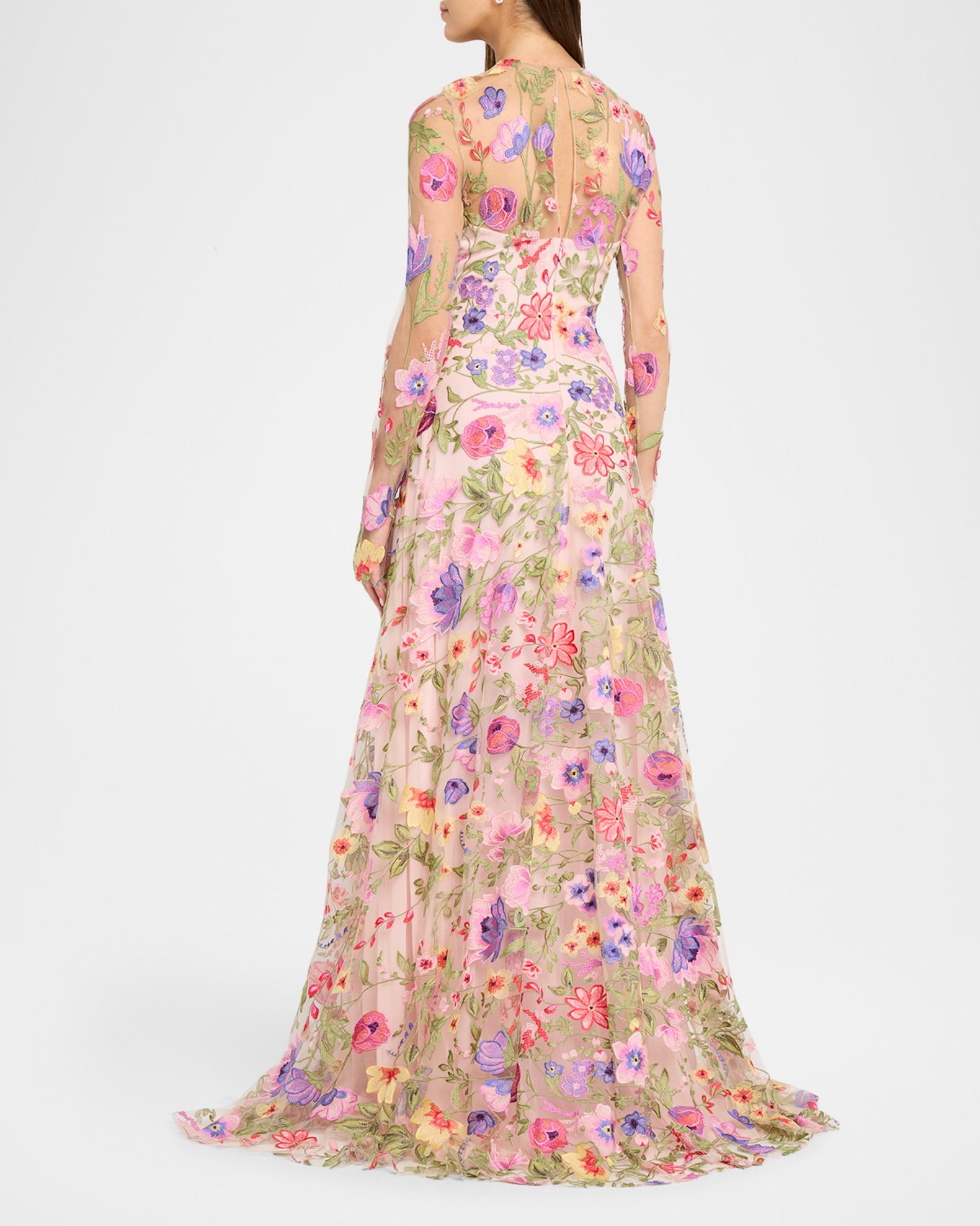 long sleeve formal floral dress Naeem Khan Embroidered Long-Sleeve Illusion Gown Charmi creations