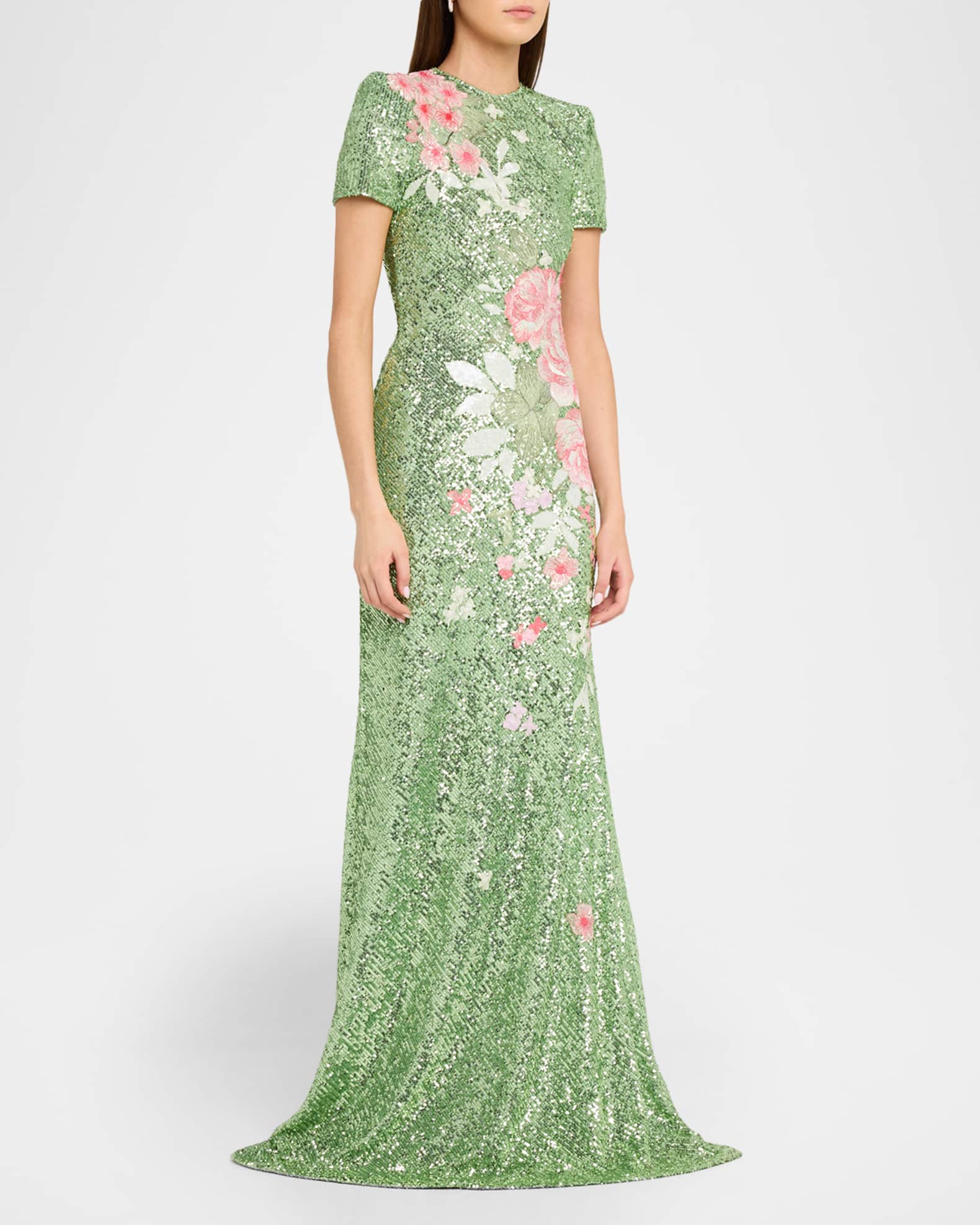 Naeem Khan Floral Embroidered Short-Sleeve Sequined Gown | Neiman Marcus