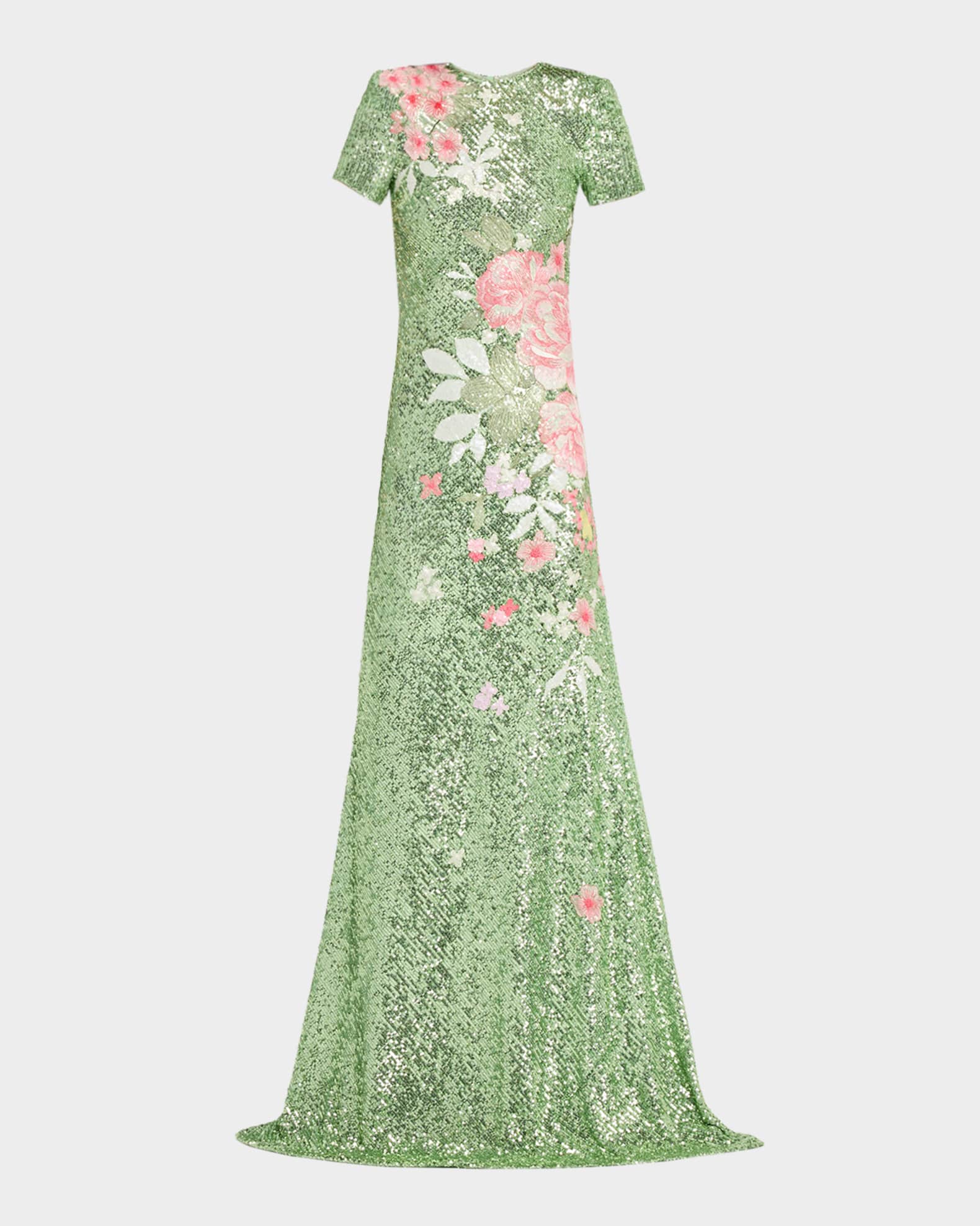 Naeem Khan Floral Embroidered Short-Sleeve Sequined Gown, Green/Mult, Women's, 2, Short-Sleeve Gowns