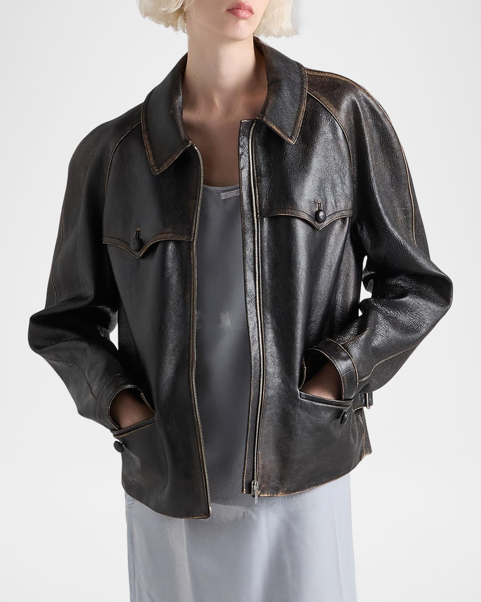 Prada Leather Shirting Zip-Front Jacket | Neiman Marcus