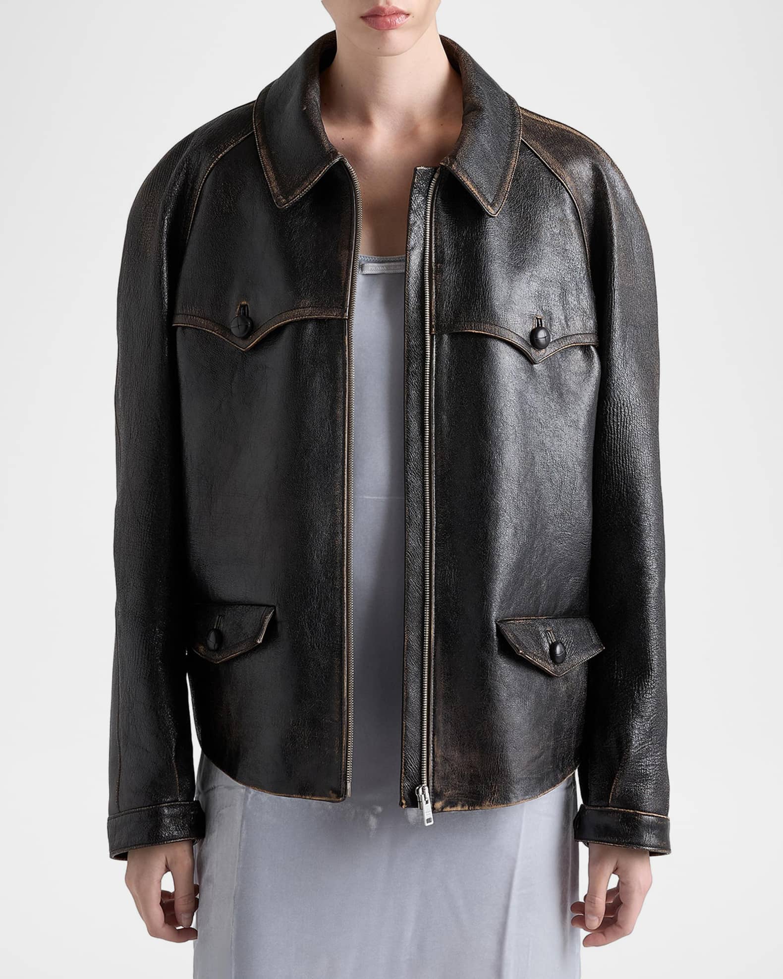 Prada Leather Shirting Zip-Front Jacket | Neiman Marcus
