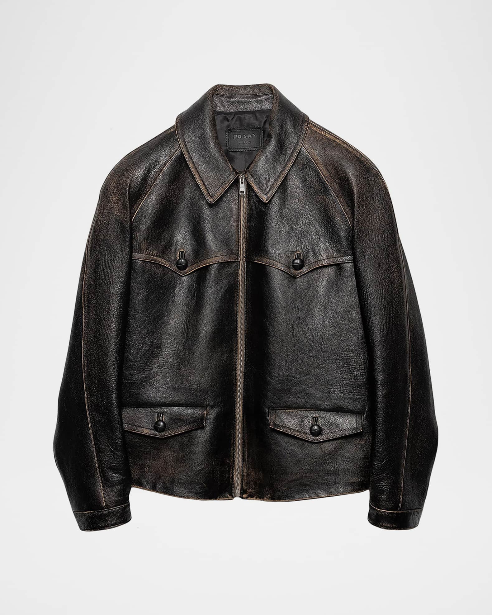 PRADA レザージャケット Prada Leather Shirting Zip-Front Jacket | Neiman Marcus