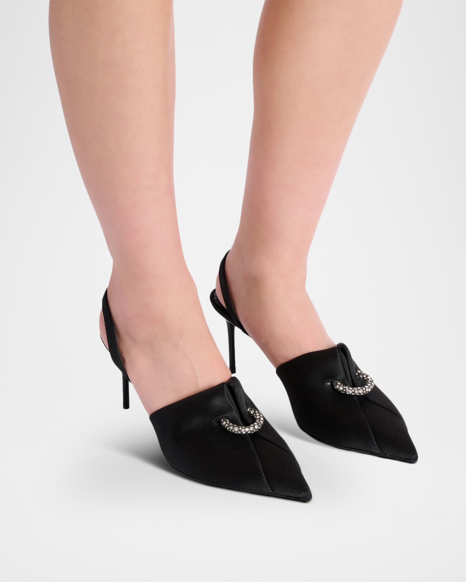 Balmain 75mm Opa Noir Pierced Satin Slingback Pumps | Neiman Marcus