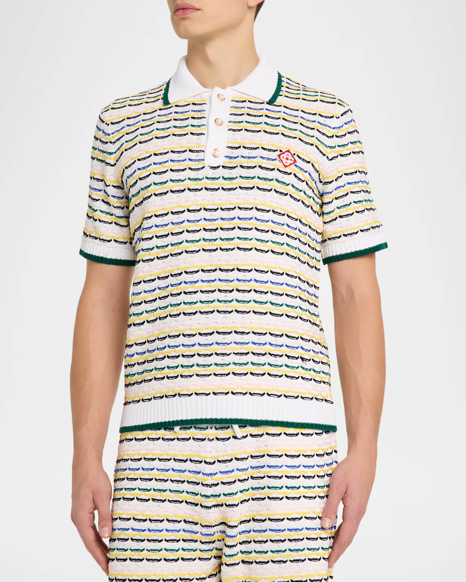 CASABLANCA ニットPoloシャツ CASABLANCA Men's Tuck Stitch Stripe Knit Polo Shirt | Neiman Marcus