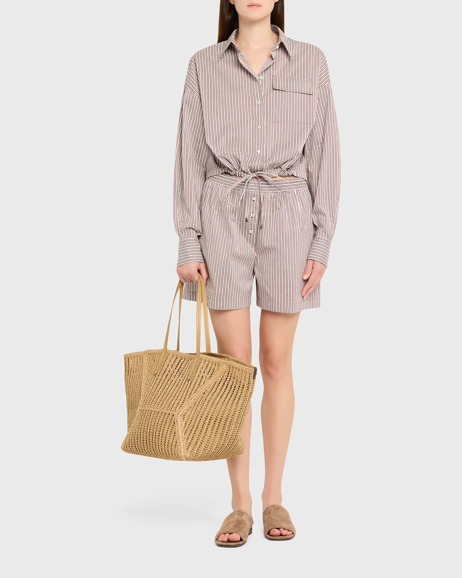 Brunello Cucinelli Striped Crispy Cotton-Silk Drawstring Button