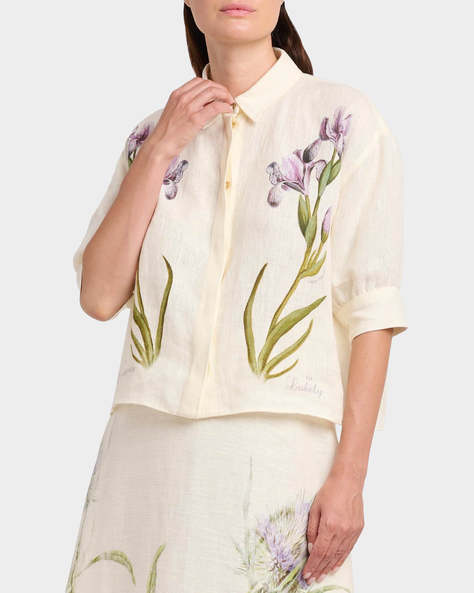 Alberta Ferretti Floral-Print Linen Short-Sleeve Blouse | Neiman