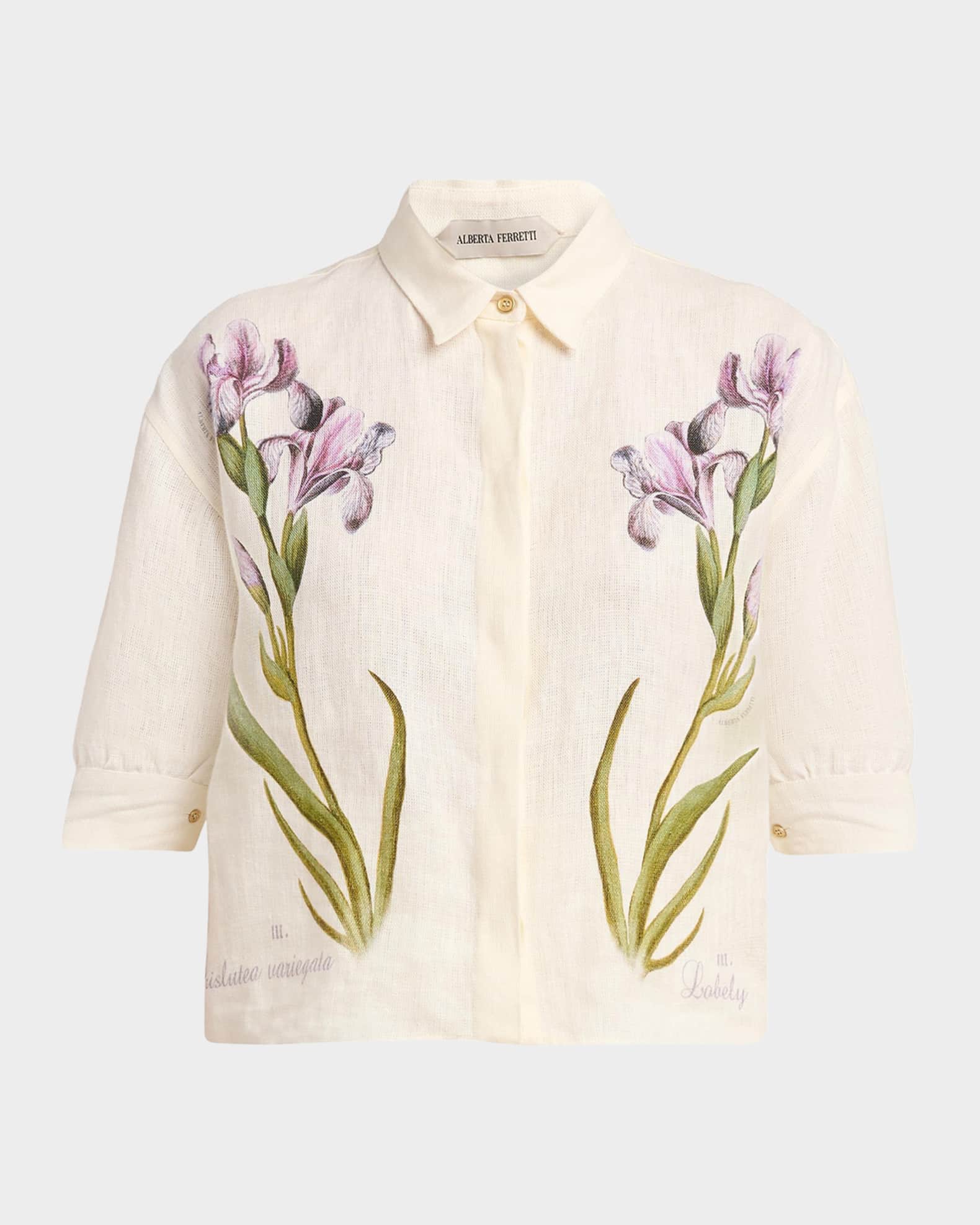 Alberta Ferretti Floral-Print Linen Short-Sleeve Blouse | Neiman