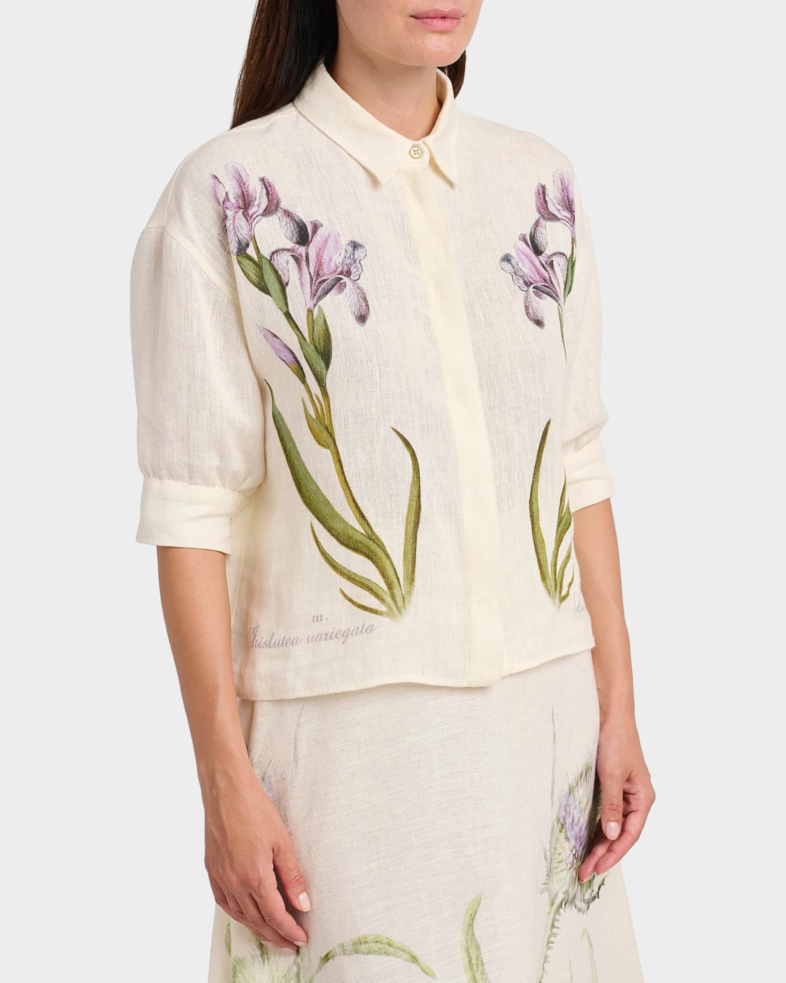 Alberta Ferretti Floral-Print Linen Short-Sleeve Blouse | Neiman