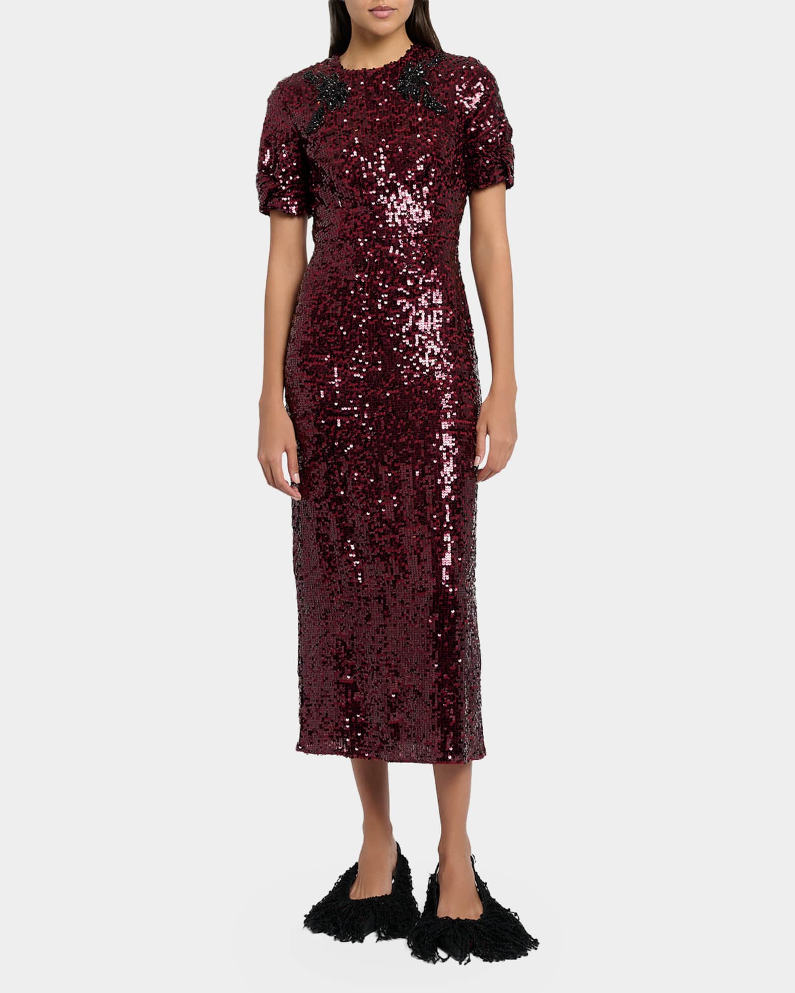 Erdem Twisted Short-Sleeve Sequined Midi Dress, Mulberry R, Women's, 10, Cocktail & Party Wedding Guest Dresses Short-Sleeve Dresses