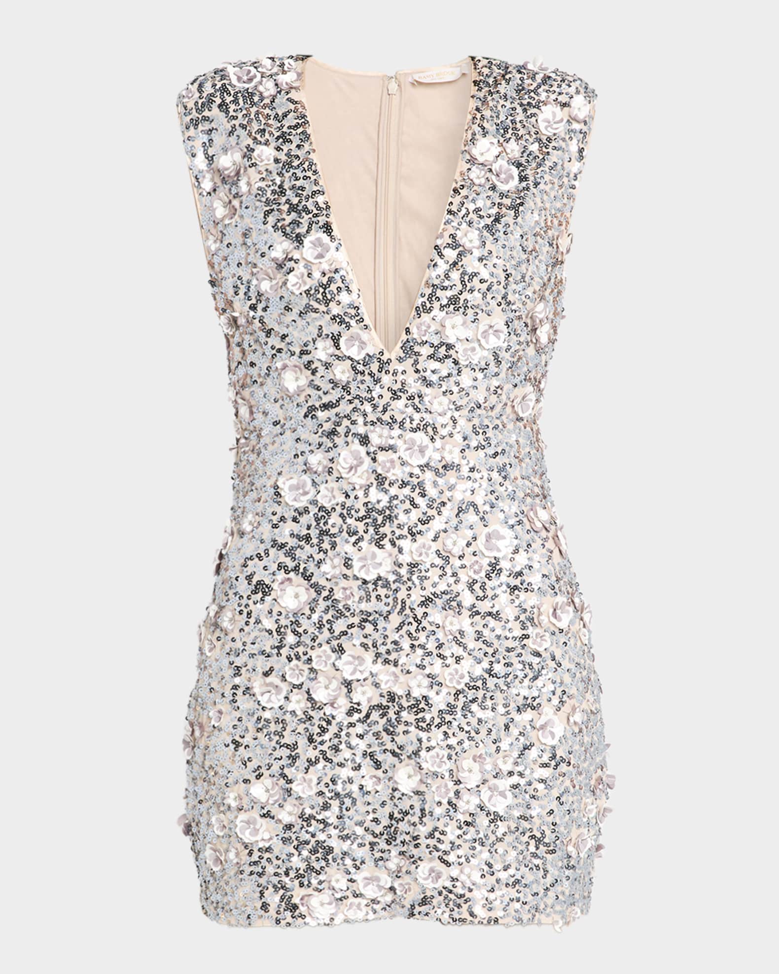 Ramy Brook Rosette Floral Sequin Deep V-Neck Mini Dress | Neiman Marcus