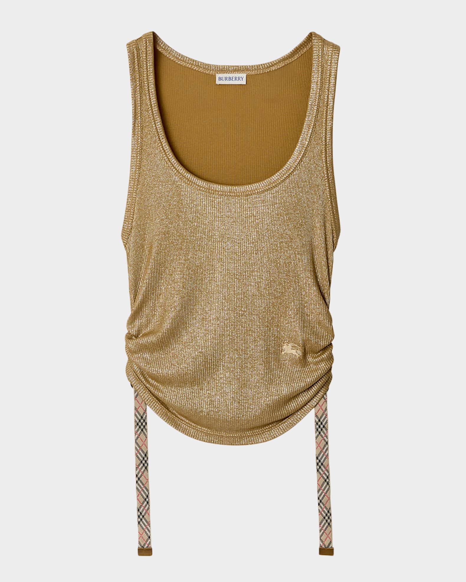 BurberryカーキVネックタンクトップ Burberry Tiana Ruched Metallic Rib Tank Top | Neiman Marcus