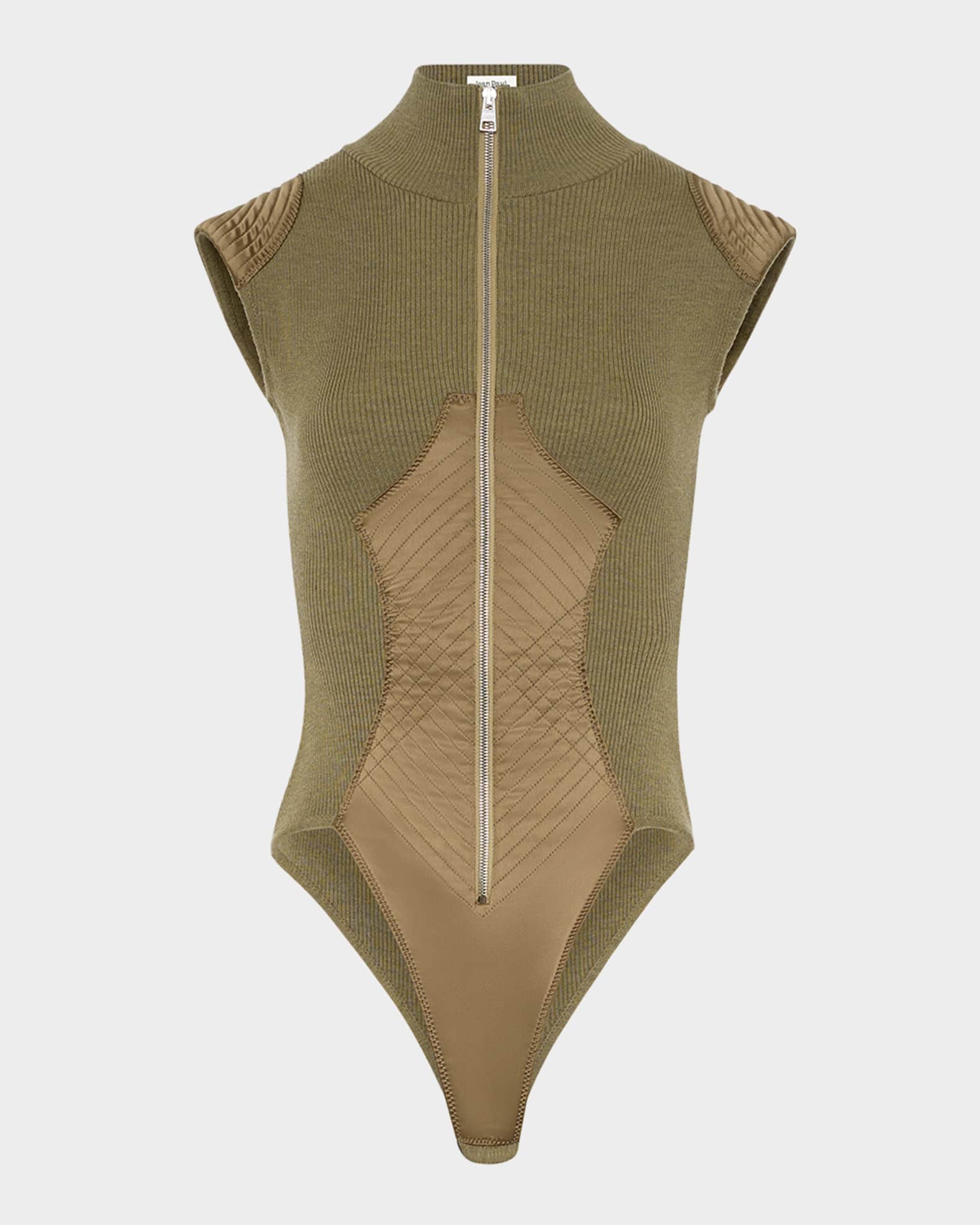 Jean Paul Gaultier Merino Wool Rib Cap-Sleeve Zip Bodysuit