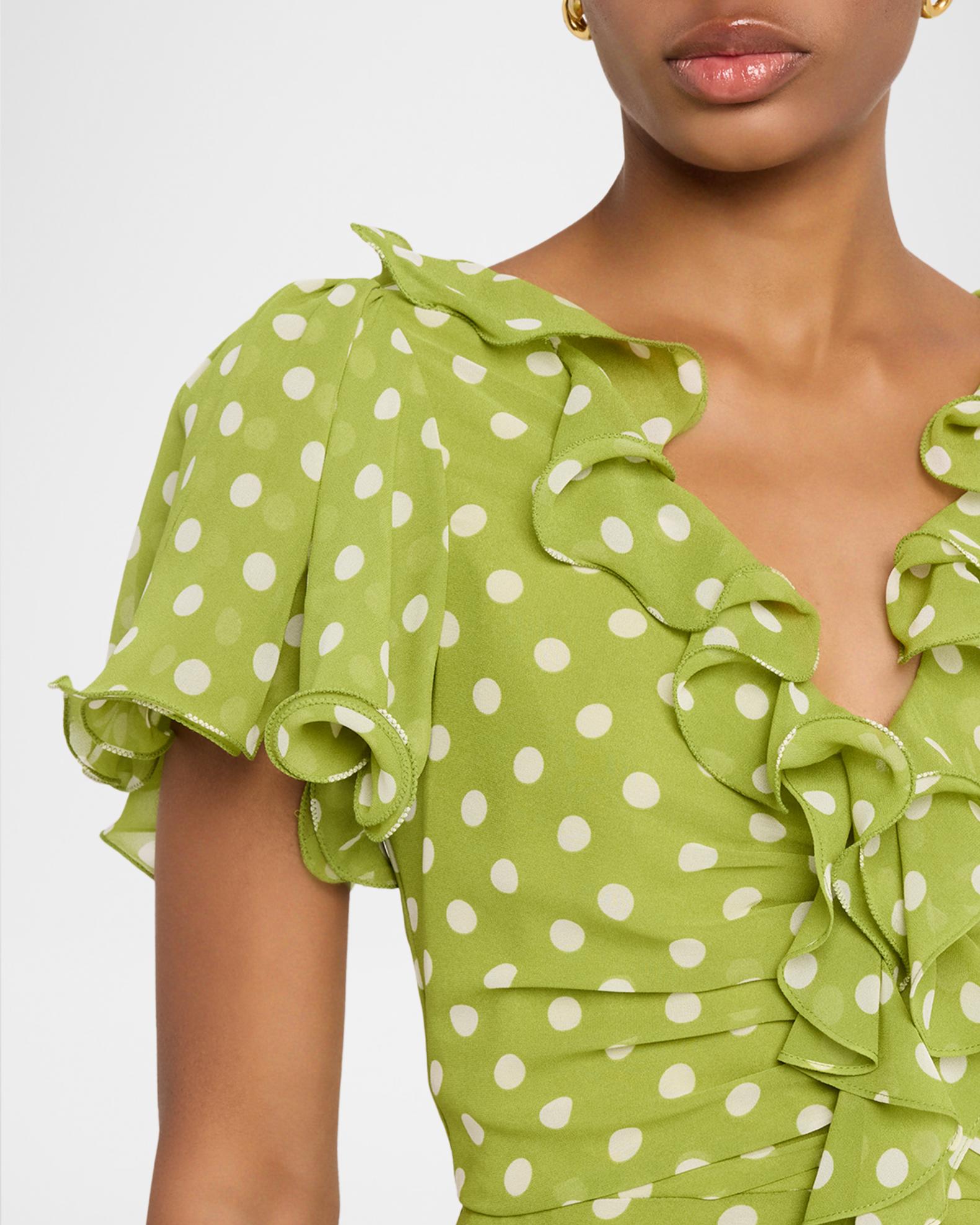 Cinq a Sept Camille Polka Dot Ruffled Midi Dress | Neiman Marcus