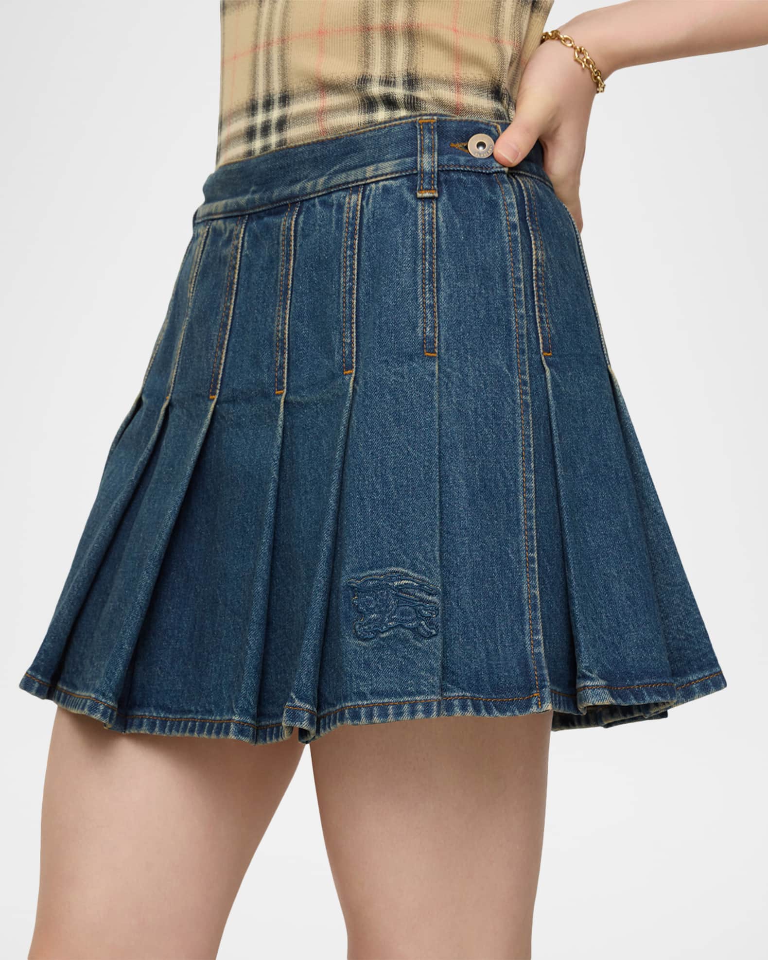 BURBERRY デニムミニスカート Burberry Dahlia Pleated Denim Mini Skirt | Neiman Marcus