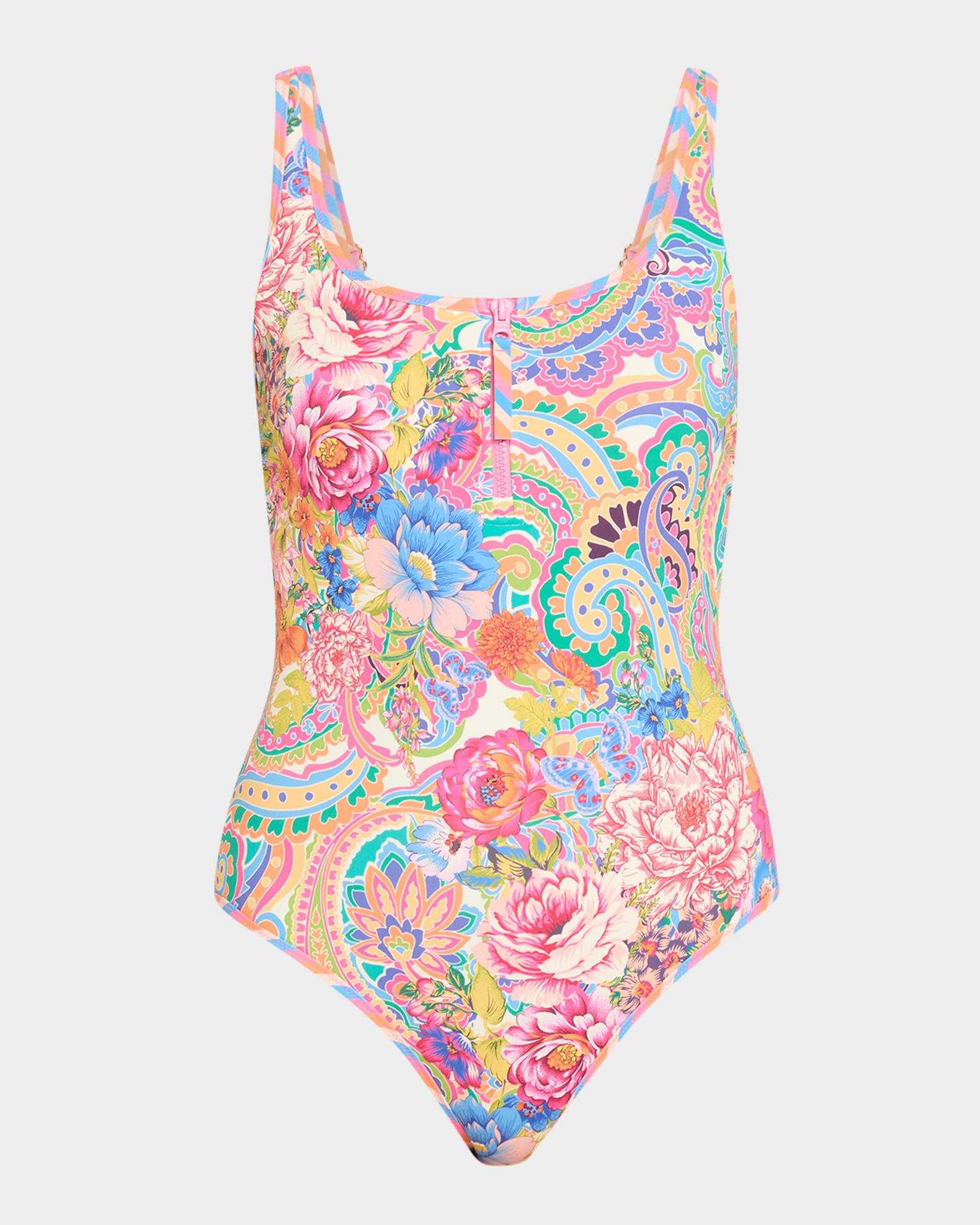 Johnny Was Paisley Floral Zip Tank One-Piece Swimsuit | Neiman Marcus