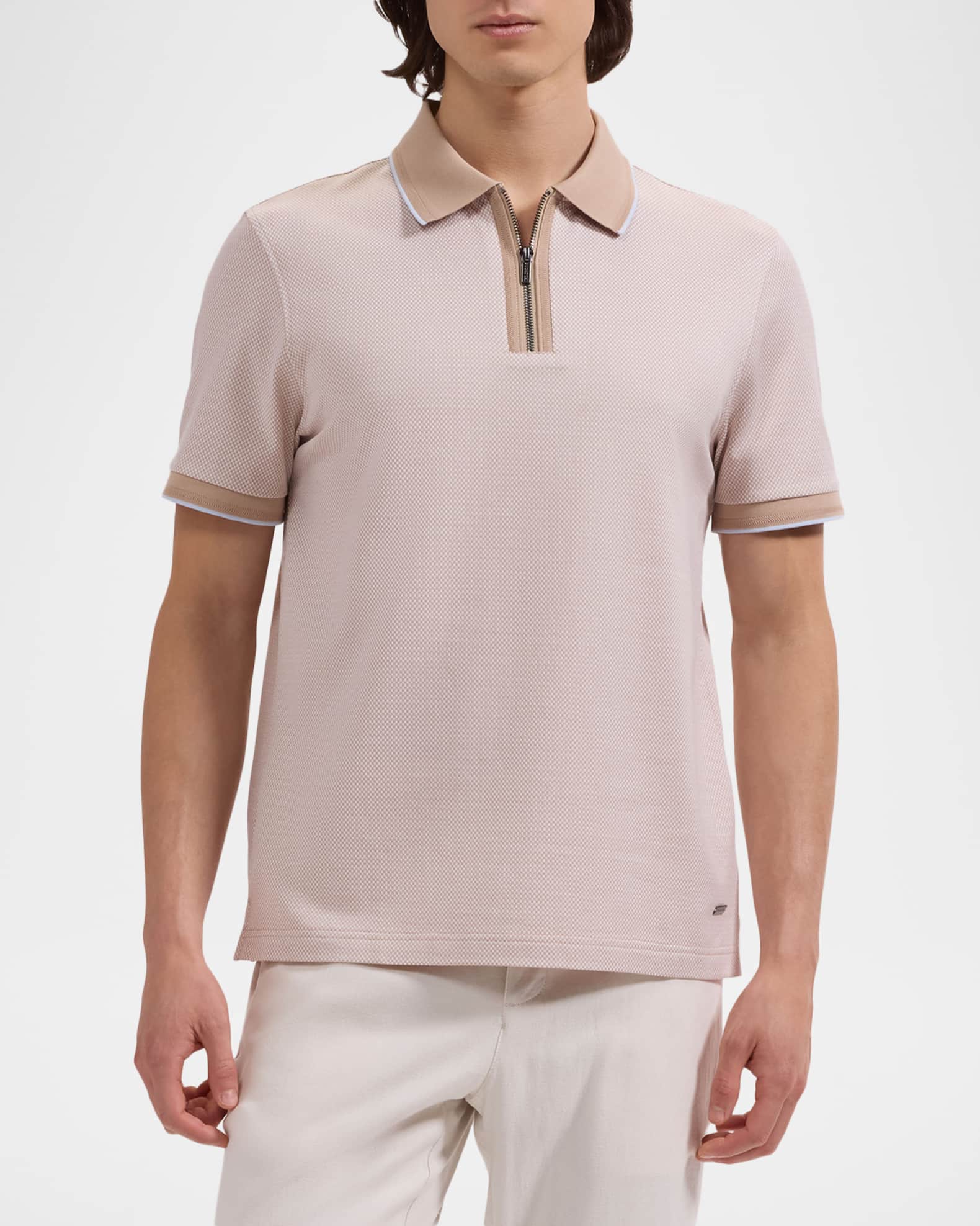 Bugatchi Men's Micro-Check Quarter-Zip Polo Shirt | Neiman Marcus
