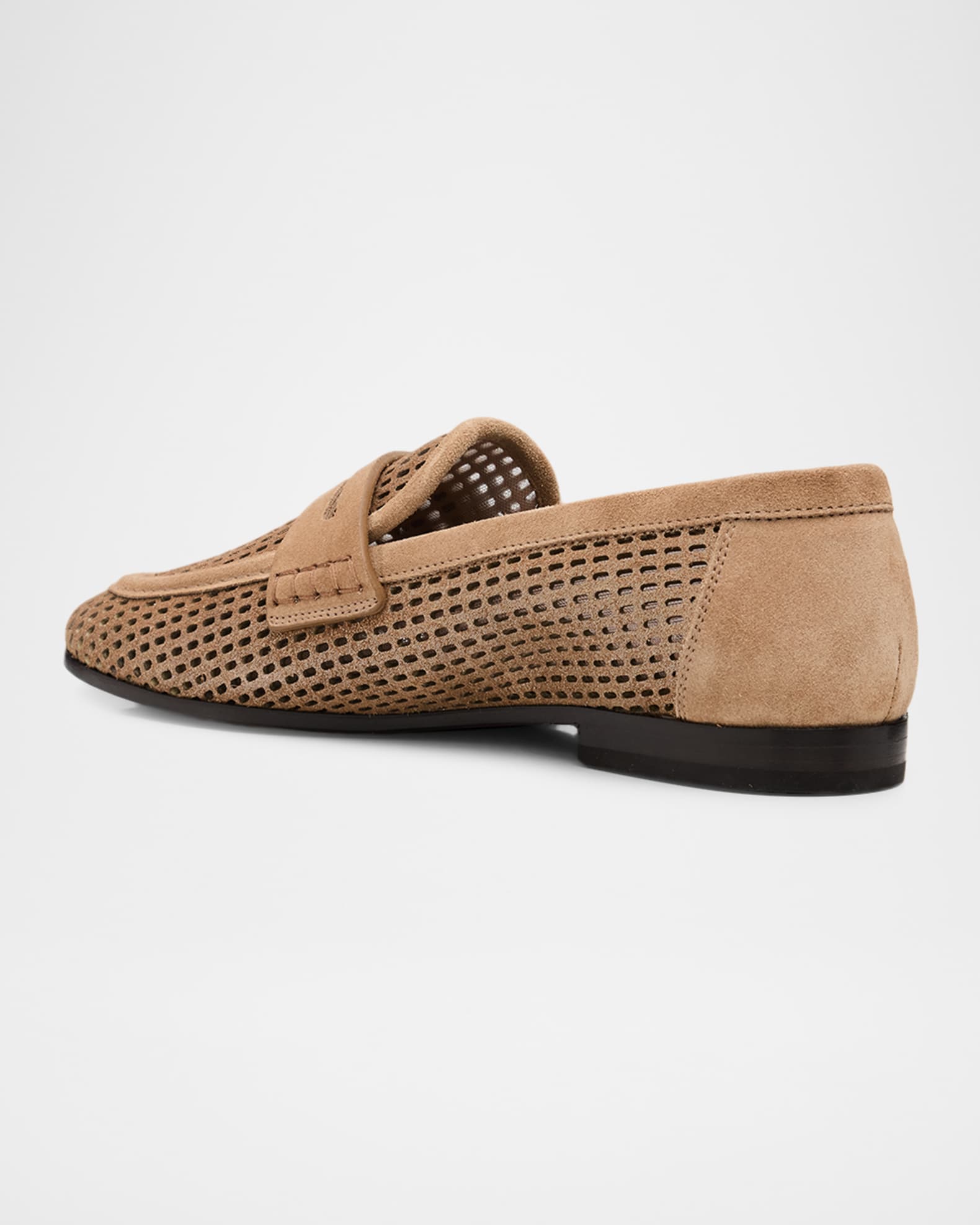 Brunello Cucinelli Perforated Suede-Trim Penny Loafers | Neiman Marcus