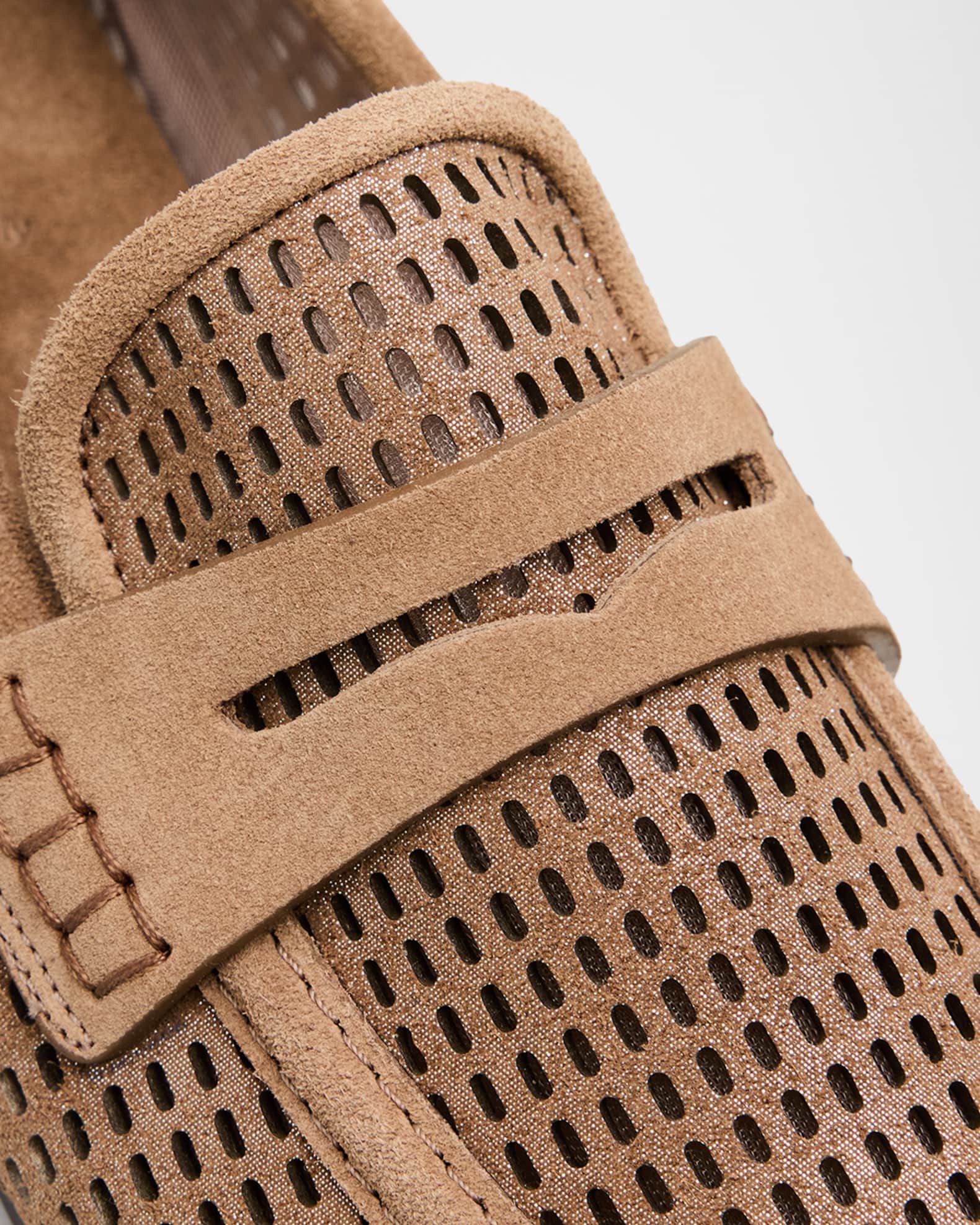 Brunello Cucinelli Perforated Suede-Trim Penny Loafers | Neiman Marcus