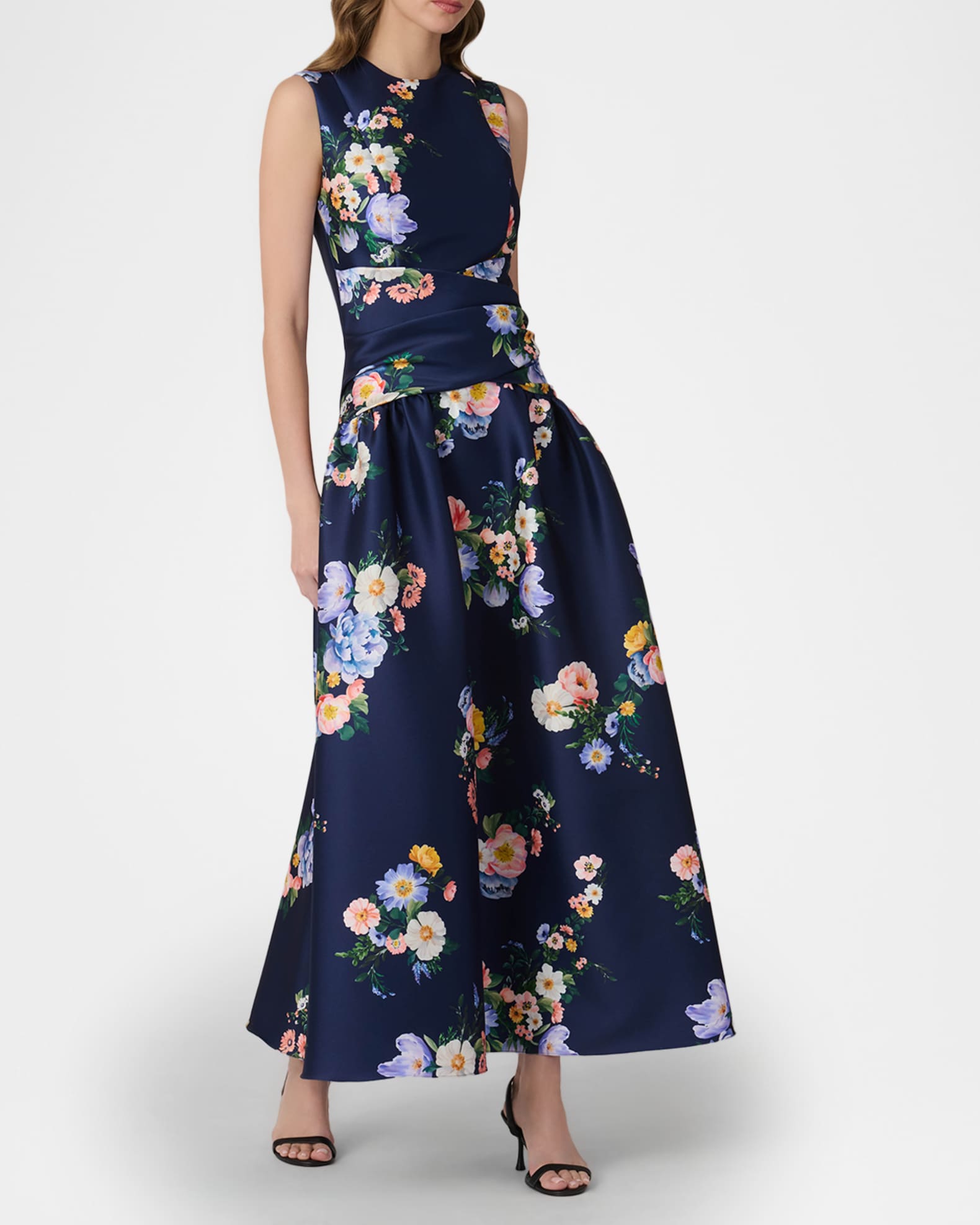 Shoshanna Marie Pleated Floral-Print Mikado Maxi Dress | Neiman Marcus