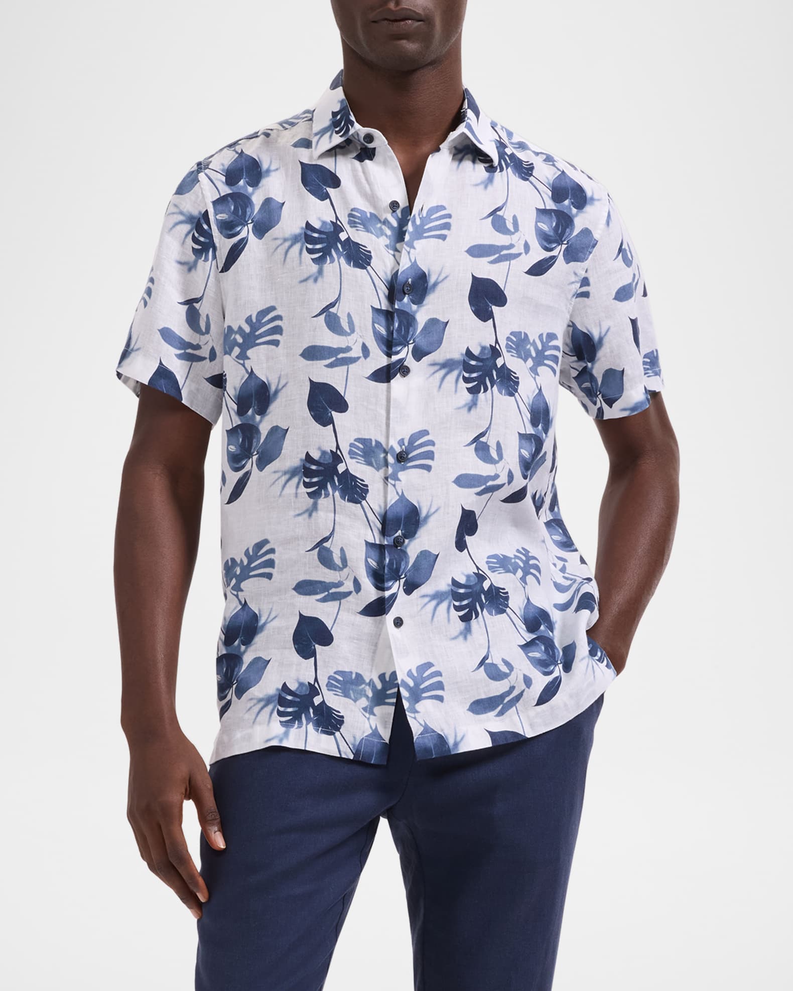Bugatchi Men's Orson Leaf-Print Linen Short-Sleeve Shirt | Neiman Marcus