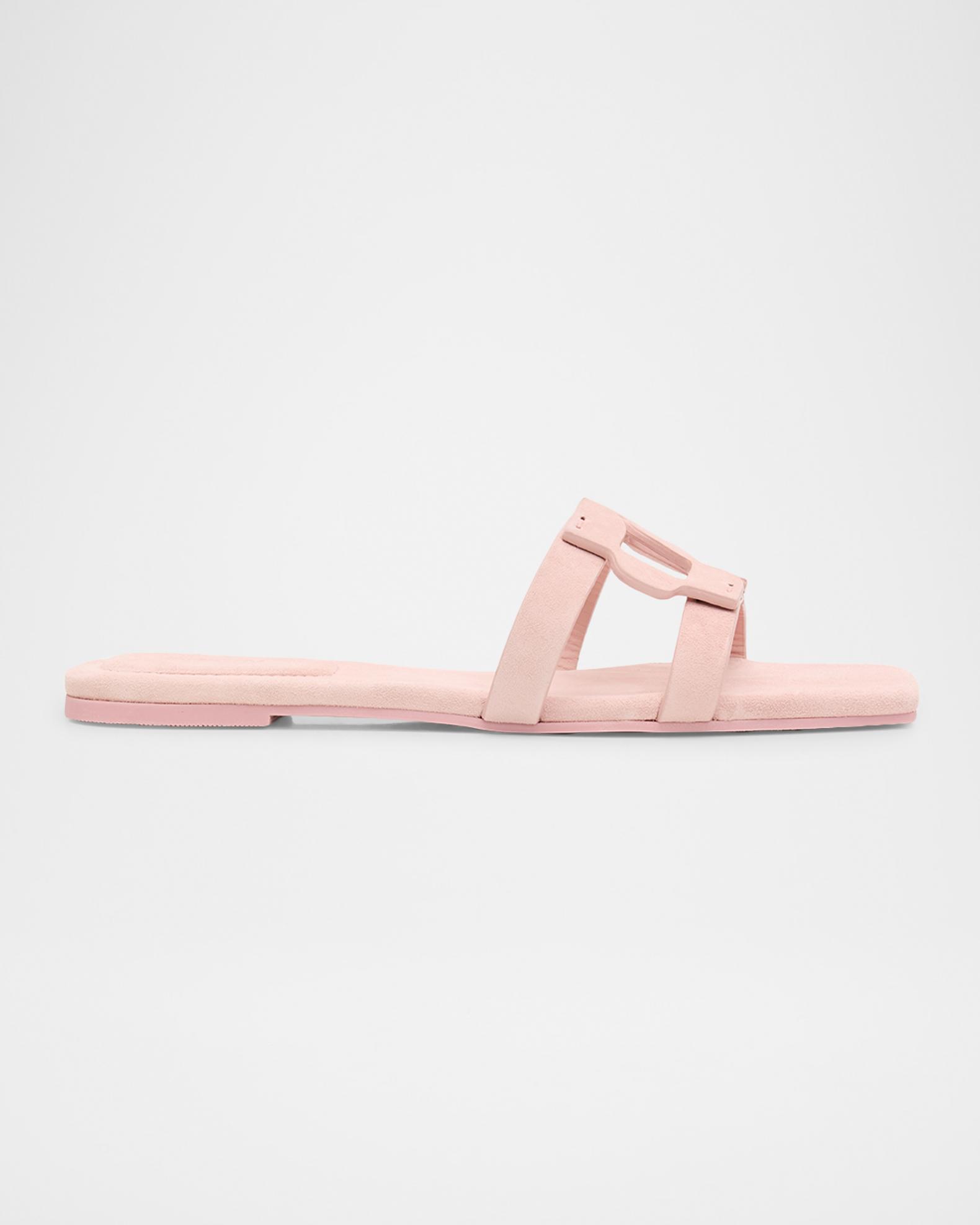 SIMKHAI Monogram Suede Flat Slide Sandals | Neiman Marcus