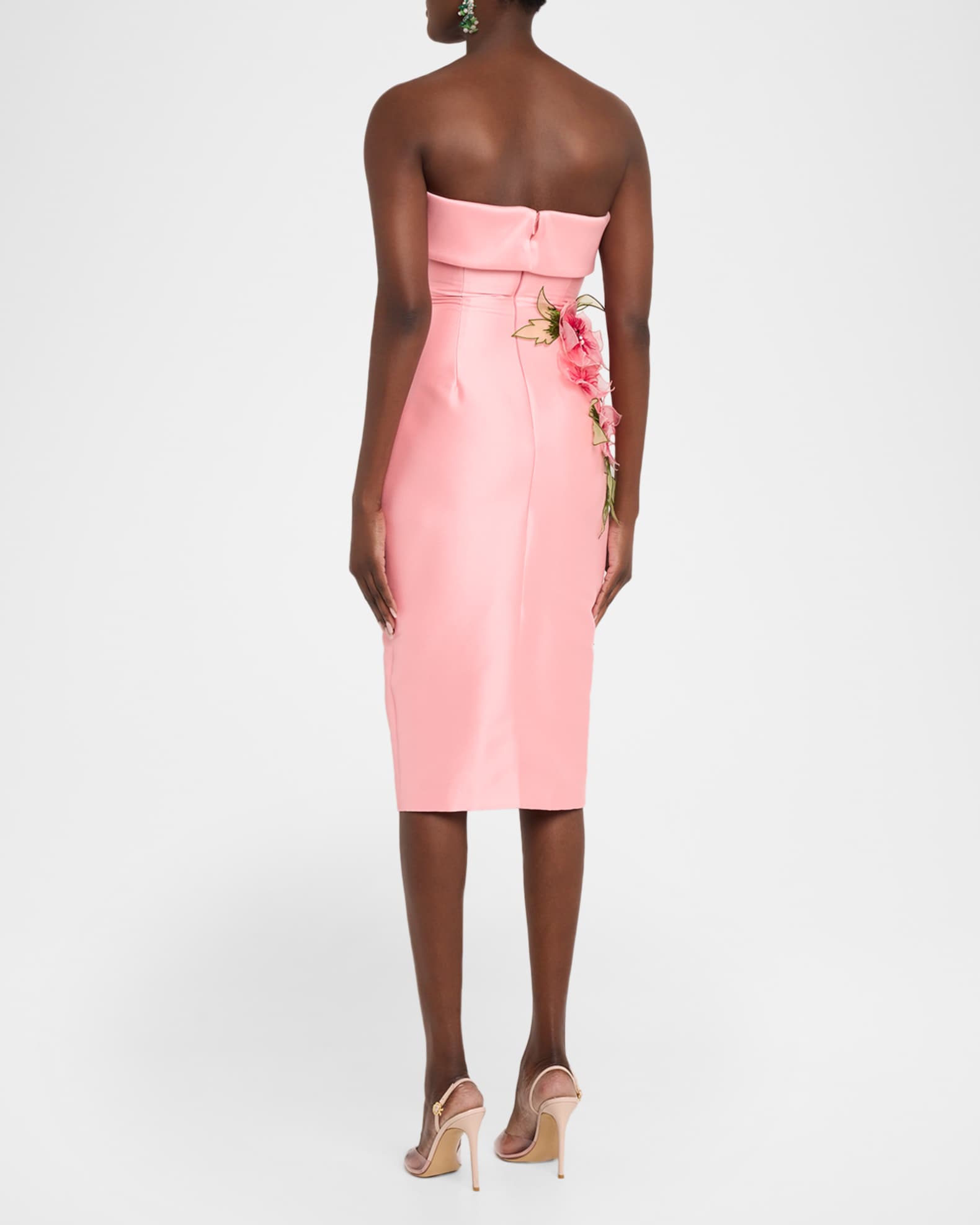 Badgley Mischka Strapless Floral Applique Satin Midi Dress | Neiman Marcus