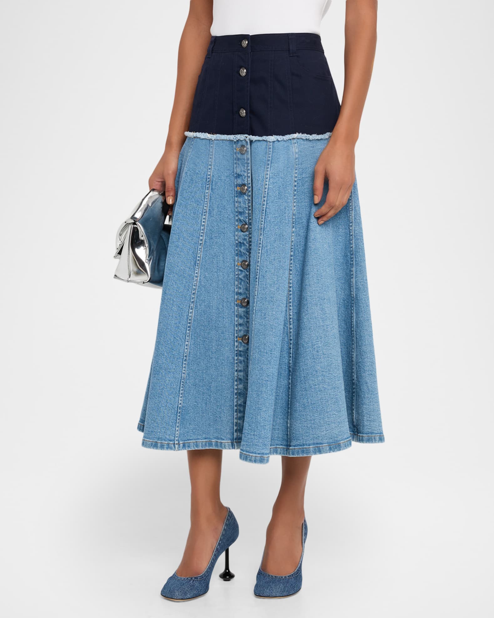 Cinq a Sept Veena Colorblock Denim Midi Skirt | Neiman Marcus