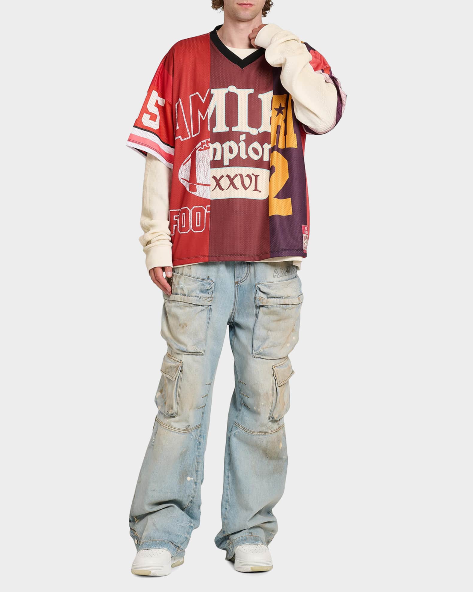 Amiri Spliced Logo Oversized V-Neck T-Shirt | Neiman Marcus