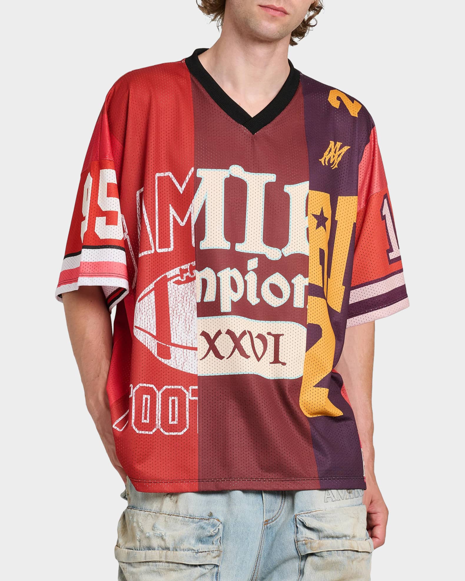 Amiri Spliced Logo Oversized V-Neck T-Shirt | Neiman Marcus