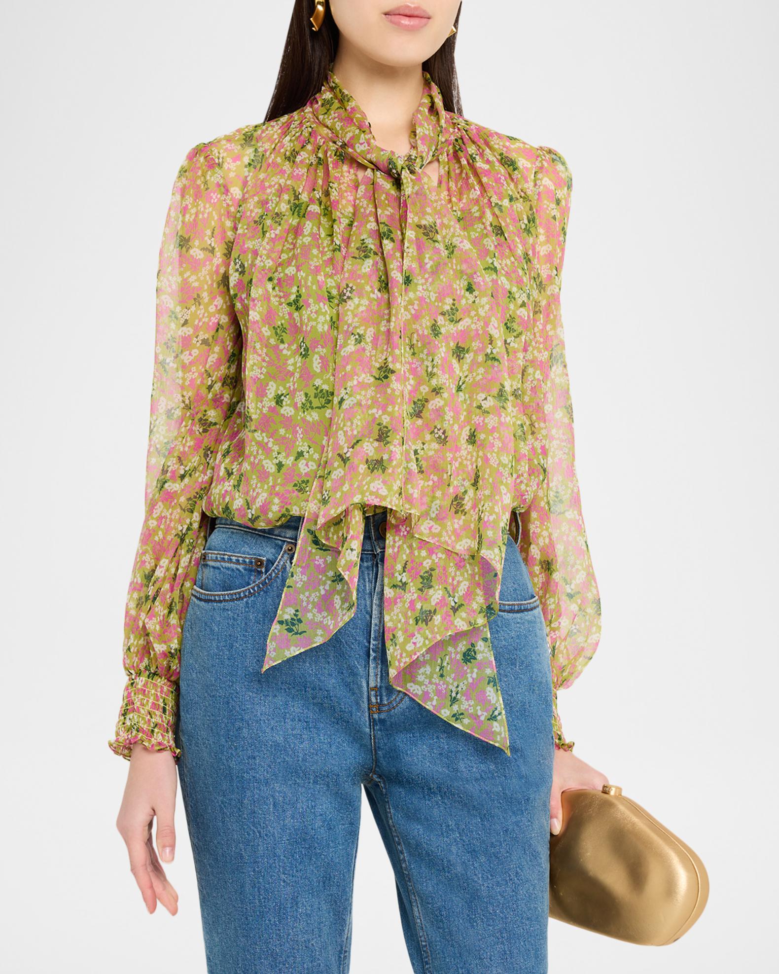 Burberry Lila Floral Silk Scarf-Tie Blouse | Neiman Marcus