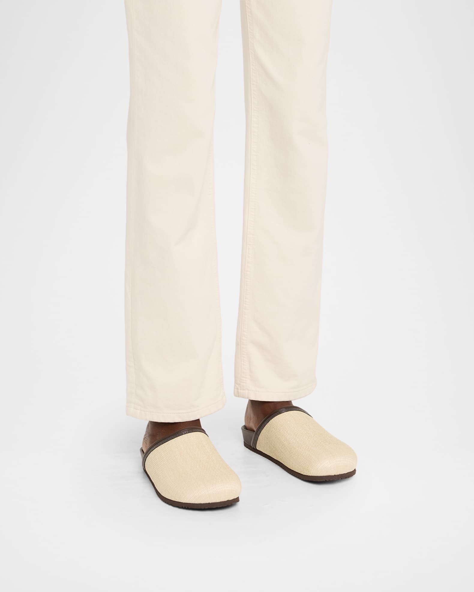 Brunello Cucinelli Monili Leather-Trimmed Raffia Mules | Neiman Marcus